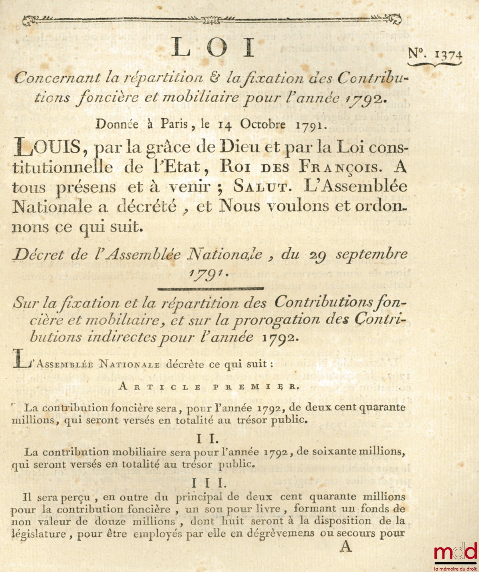 Law concerning the allocation and determination of land and personal property taxes for the year 1792. Signed Louis MLF Duport. Given in Paris, October 14, 1792, bull. no. 1374