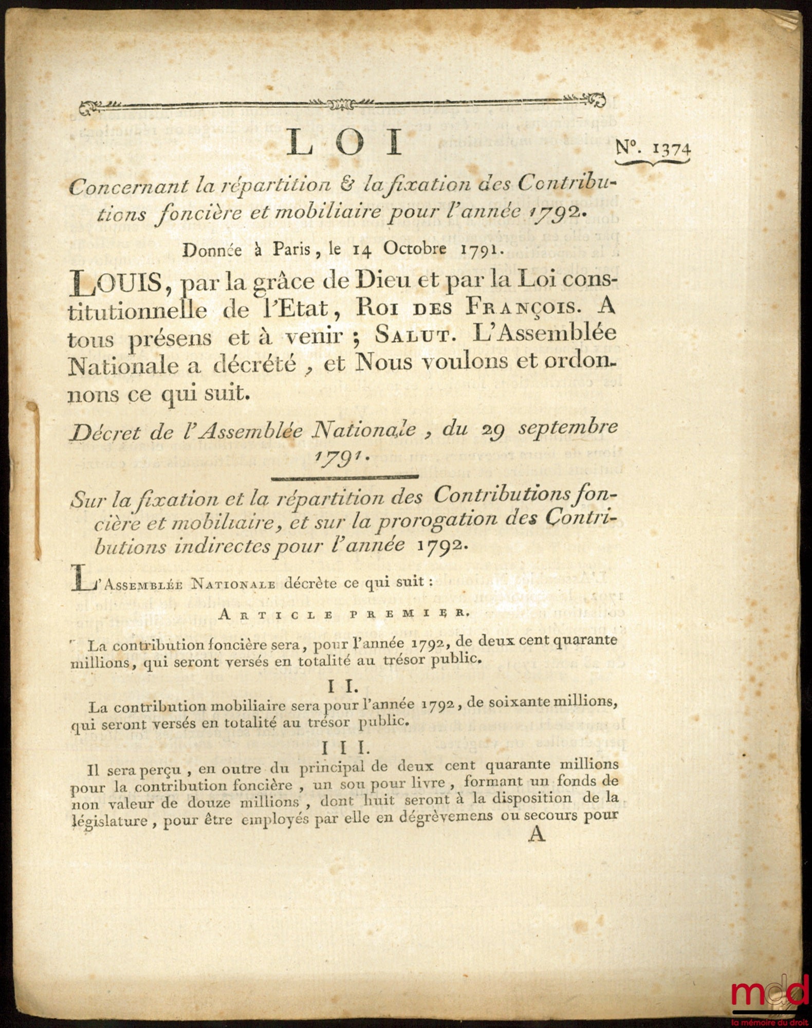 Law concerning the allocation and determination of land and personal property taxes for the year 1792. Signed Louis MLF Duport. Given in Paris, October 14, 1792, bull. no. 1374