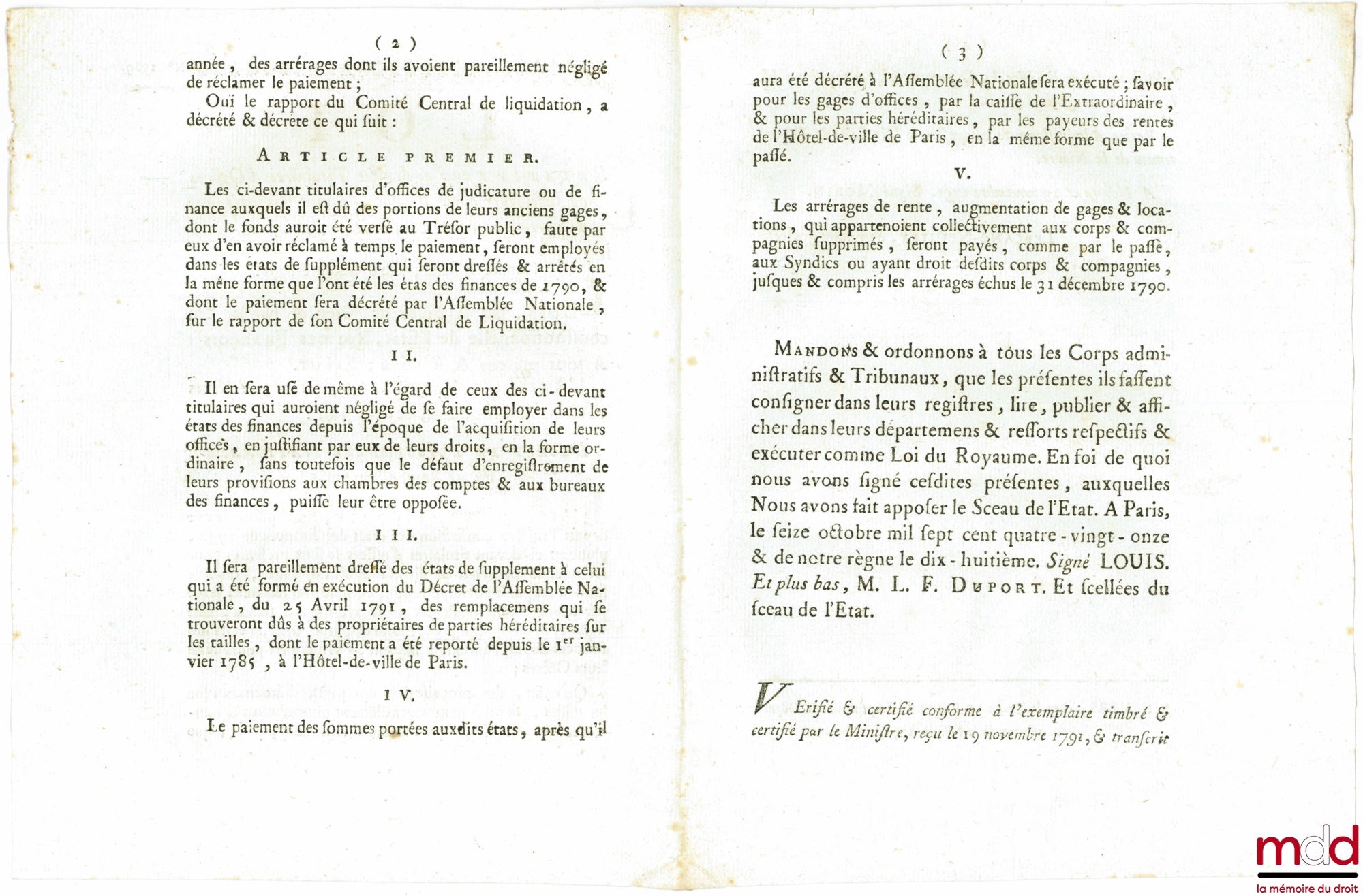 Loi RELATIVE AUX CI-DEVANT TITULAIRES D’OFFICES DE JUDICATURE OU DE FINANCE & AUX PROPRIÉTAIRES DE PARTIES HÉRÉDITAIRES SUR LES TAILLES. Signé Louis M. L. F. Duport. Donnée à Paris, le 16 Octobre 1791, Département de la Nièvre, bull. n° 1369