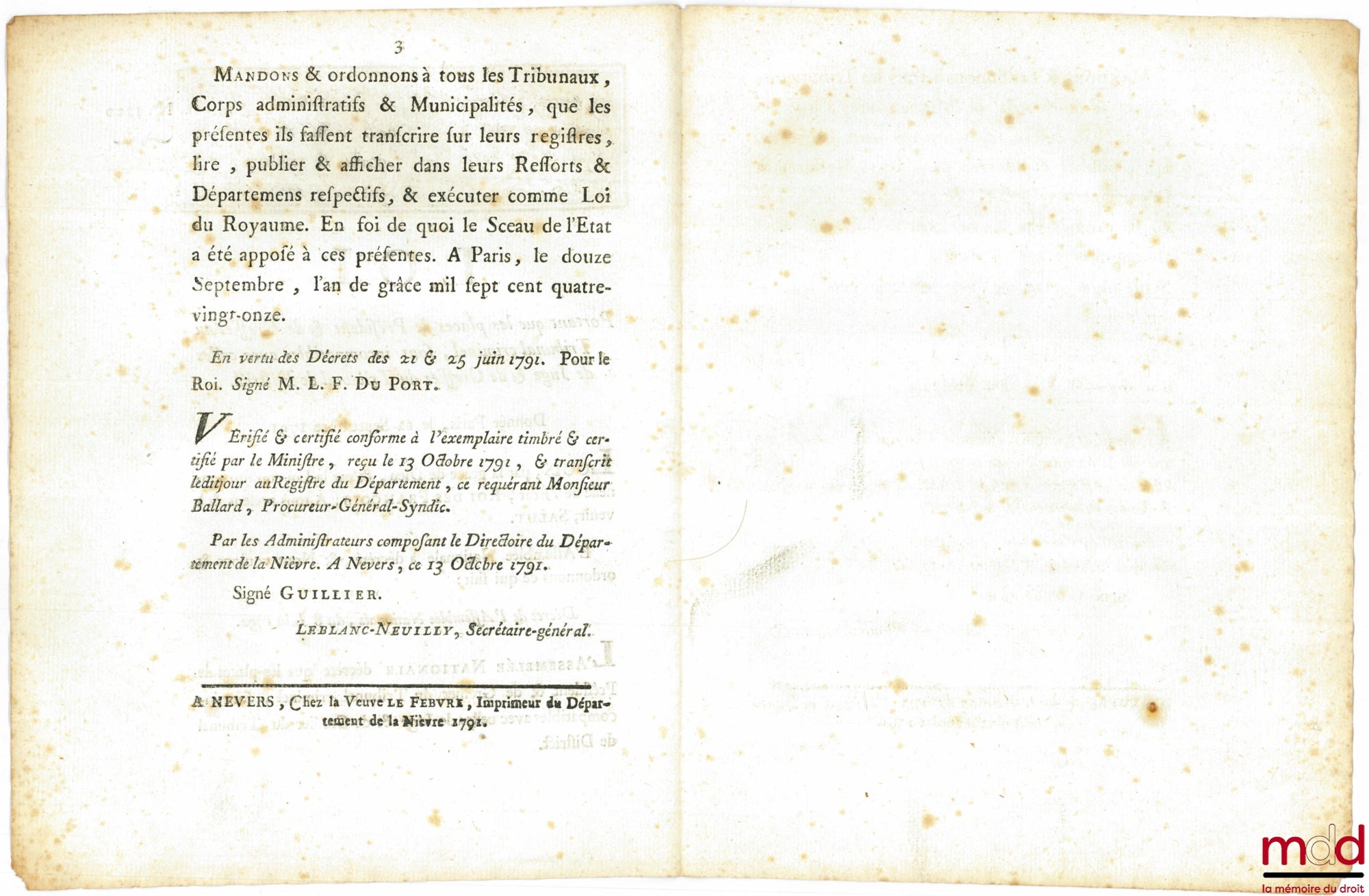 [Organisation judiciaire] – Loi PORTANT QUE LES PLACES DE PRÉSIDENT & DE GREFFIER DU TRIBUNAL CRIMINEL, SONT INCOMPATIBLES AVEC CELLES DE JUGE & DE GREFFIER DU TRIBUNAL DE DISTRICT. Donnéé à Paris, le 12 Septembre 1791. Signé Louis M. L. F. Duport. Départ