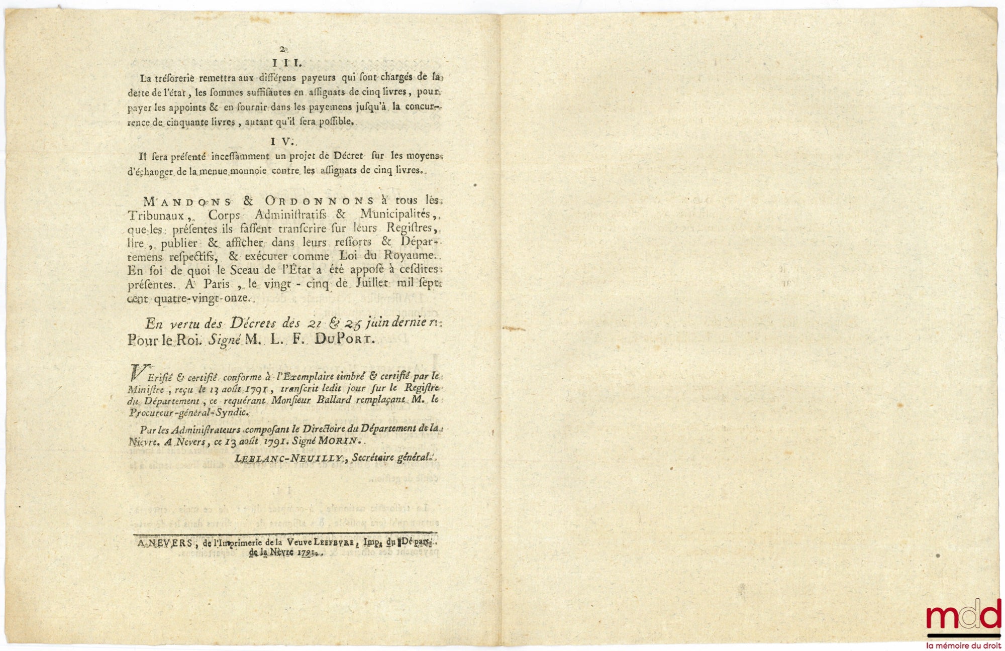 Loi RELATIVE AUX ASSIGNATS DE CINQ LIVRES. Donné à Paris, le 25 Juillet 1791. DU TRIBUNAL DE DISTRICT. Donnée à Paris, le 12 Septembre 1791. Signé Louis M. L. F. Duport. Département de la Nièvre, bull. n° 1142