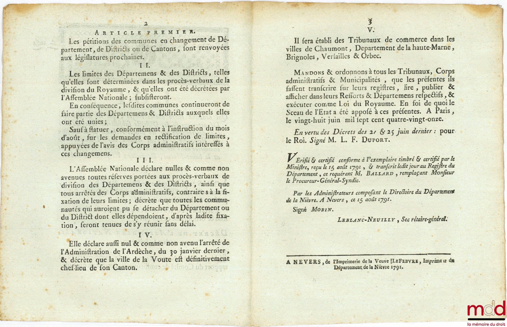 Loi QUI ORDONNE ENTRE AUTRES CHOSES, QUE LES LIMITES DES DÉPARTEMENS & DES DISTRICTS SUBSISTERONT TELLES QU’ELLES SONT DÉTERMINÉES PAR LES PROCÈS-VERBAUX DE LA DIVISION DU ROYAUME, & QUI NOMME DES TRIBUNAUX DE COMMERCE DANS LES VILLES DE CHAUMONT, DÉPARTE