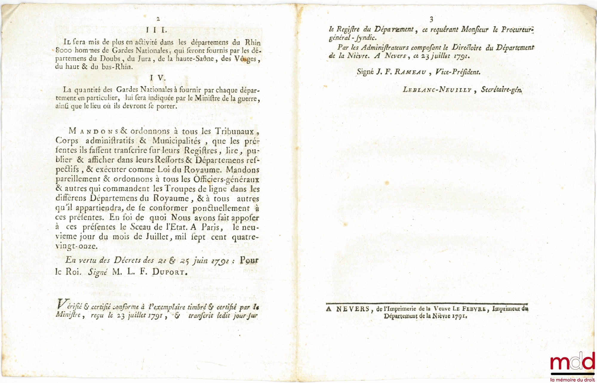 Loi SUR LES MOYENS DE COMPLÉTER LA DÉFENSE DES FRONTIÈRES, Donnée à Paris, le 9 Juillet 1791. Signé Louis M. L. F. Duport. Département de la Nièvre, bull. n° 1080