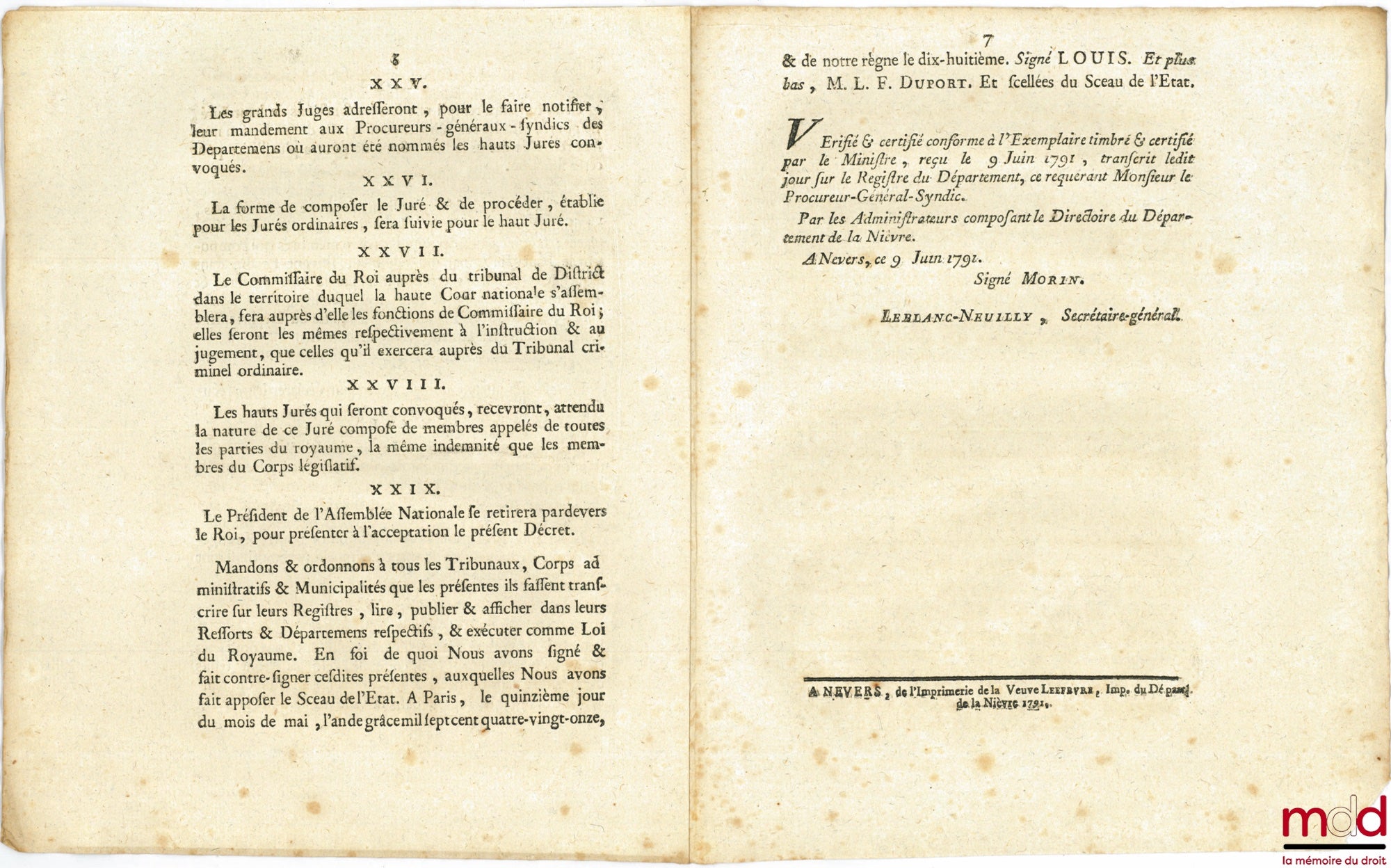 [Organisation judiciaire] – Loi RELATIVE À LA FORMATION DE LA HAUTE COUR NATIONALE. Signé Louis M. L. F. Duport. Donnée à Paris, le 15 Mai 1791, Département de la Nièvre, bull. n° 899