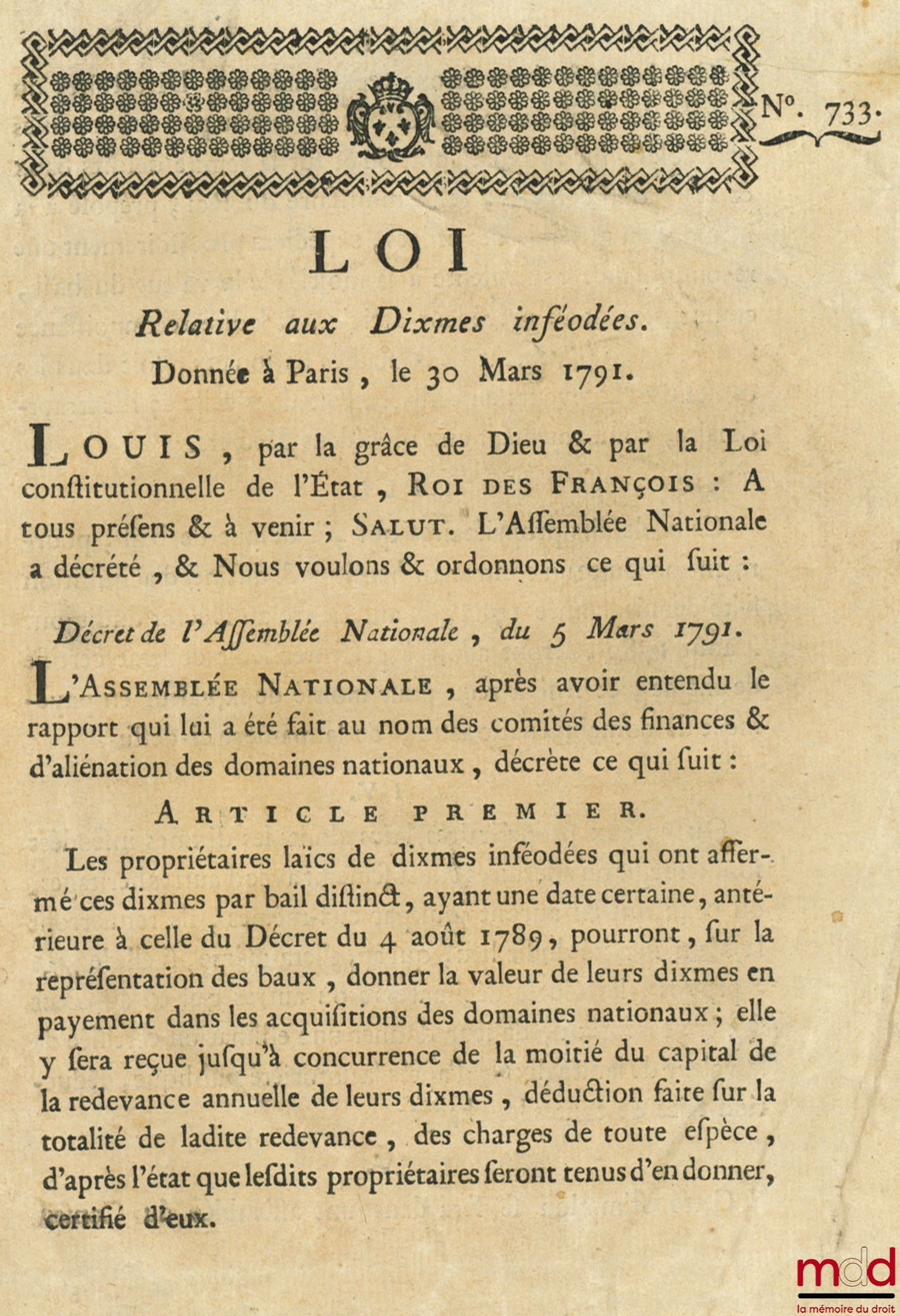 Loi RELATIVE AUX DIXMES INFÉODÉS. Signé Louis M. L. F. Duport. Donnée à Paris, le 30 Mars 1791, Département de la Nièvre, bull. n° 733
