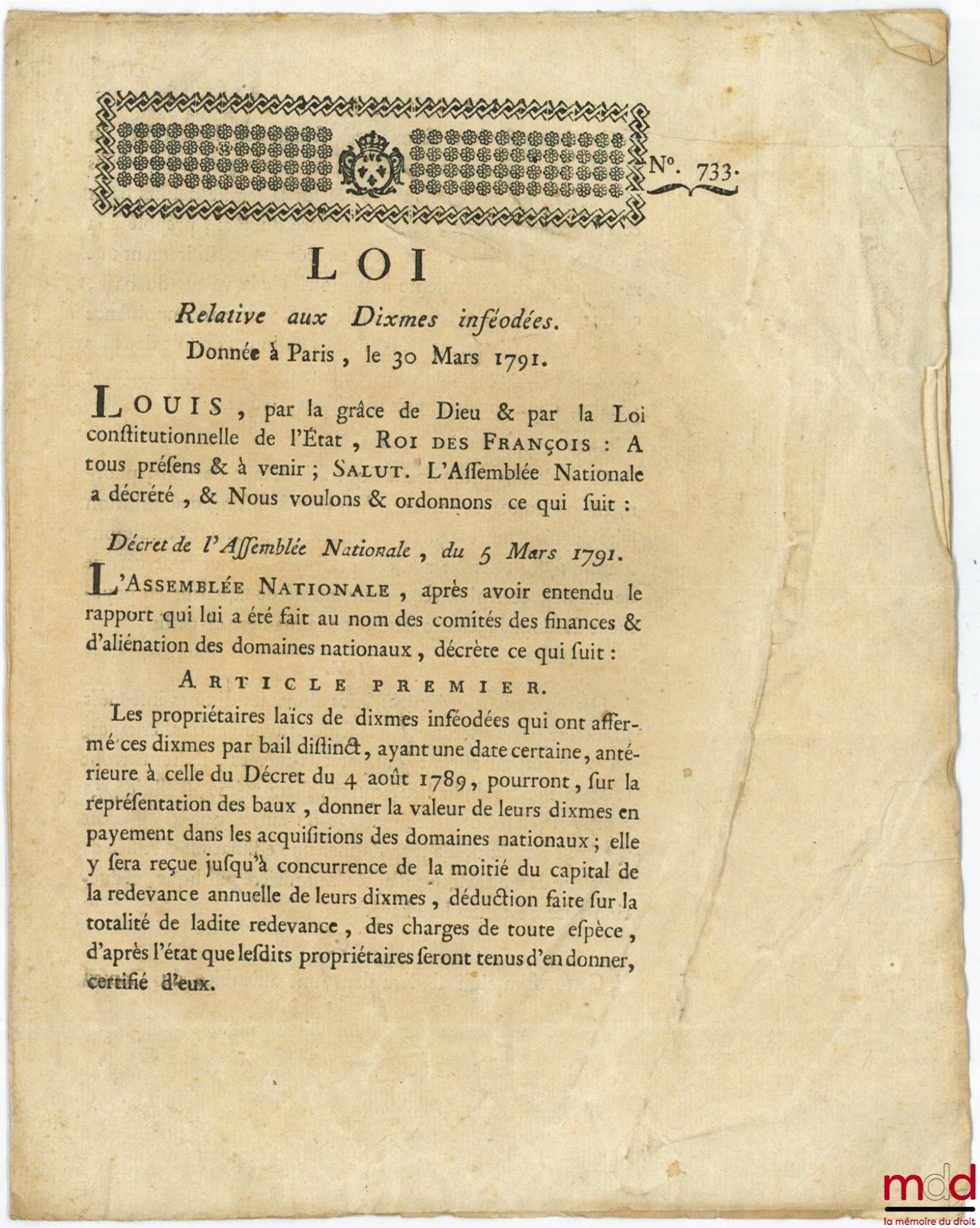 Loi RELATIVE AUX DIXMES INFÉODÉS. Signé Louis M. L. F. Duport. Donnée à Paris, le 30 Mars 1791, Département de la Nièvre, bull. n° 733
