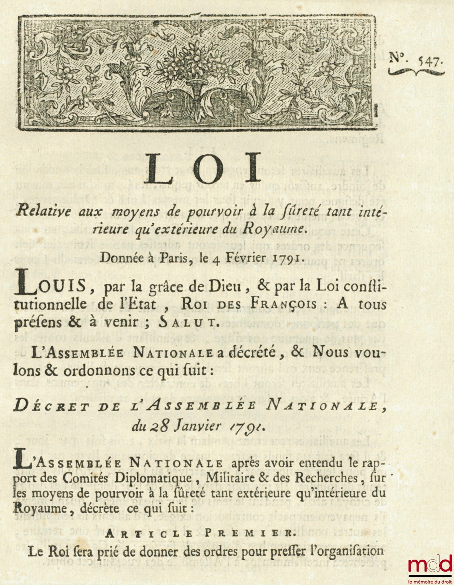 Law concerning the means of ensuring both internal and external security of the Kingdom. Signed Louis MLF Duport. Given in Paris, February 4, 1791, Department of Nièvre, bulletin no. 547