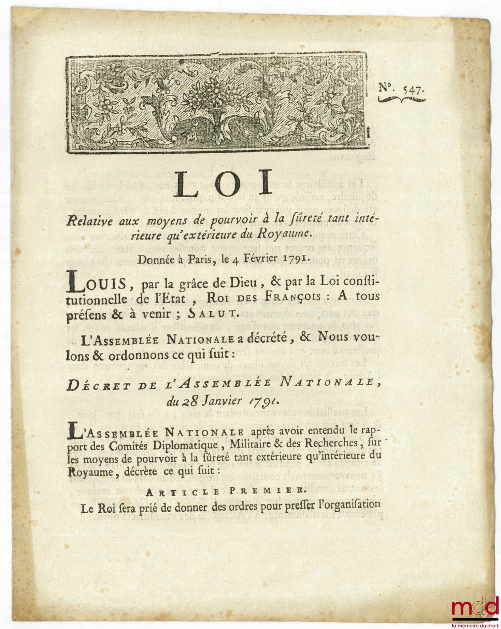 Law concerning the means of ensuring both internal and external security of the Kingdom. Signed Louis MLF Duport. Given in Paris, February 4, 1791, Department of Nièvre, bulletin no. 547