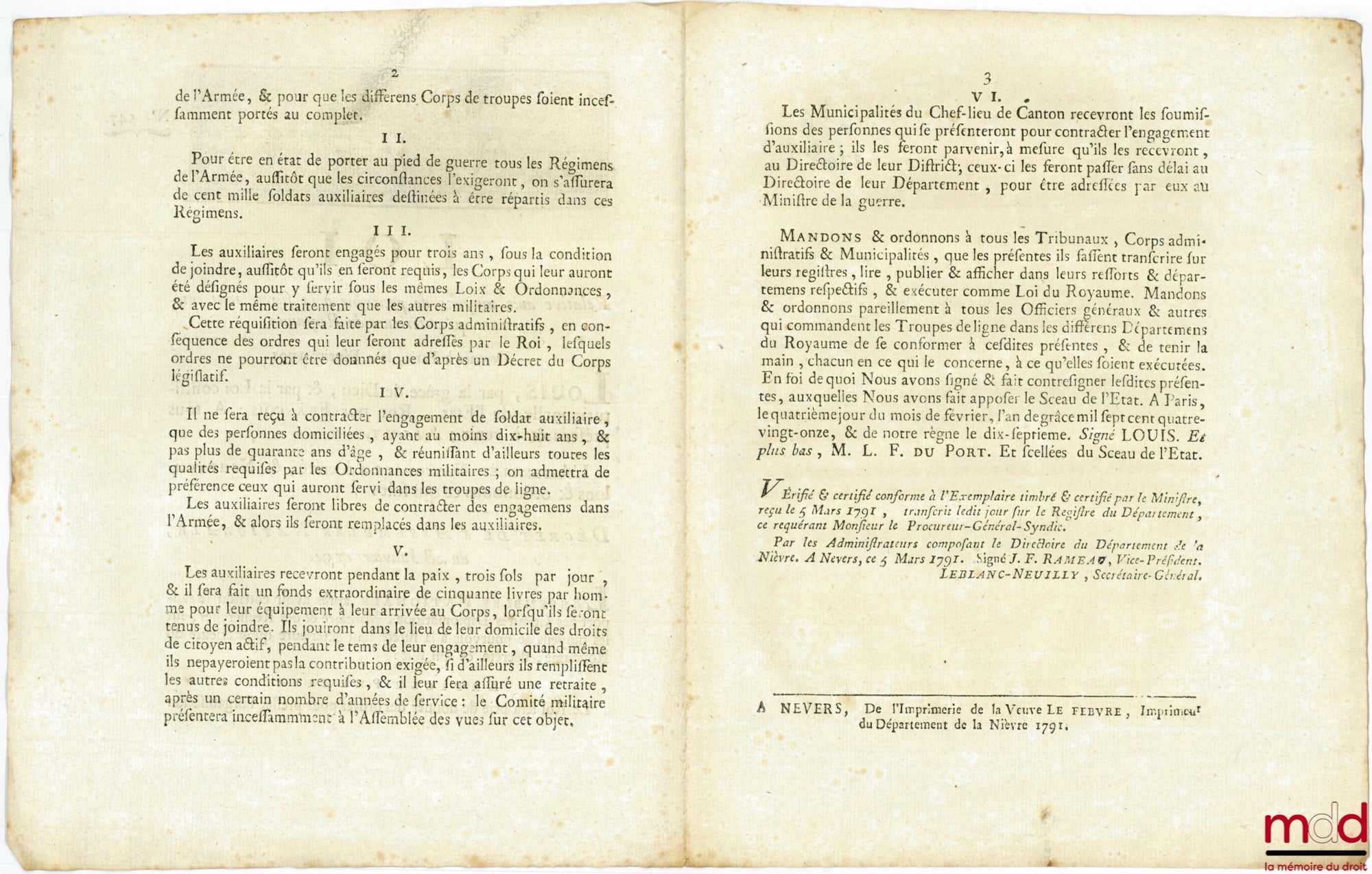 Law concerning the means of ensuring both internal and external security of the Kingdom. Signed Louis MLF Duport. Given in Paris, February 4, 1791, Department of Nièvre, bulletin no. 547
