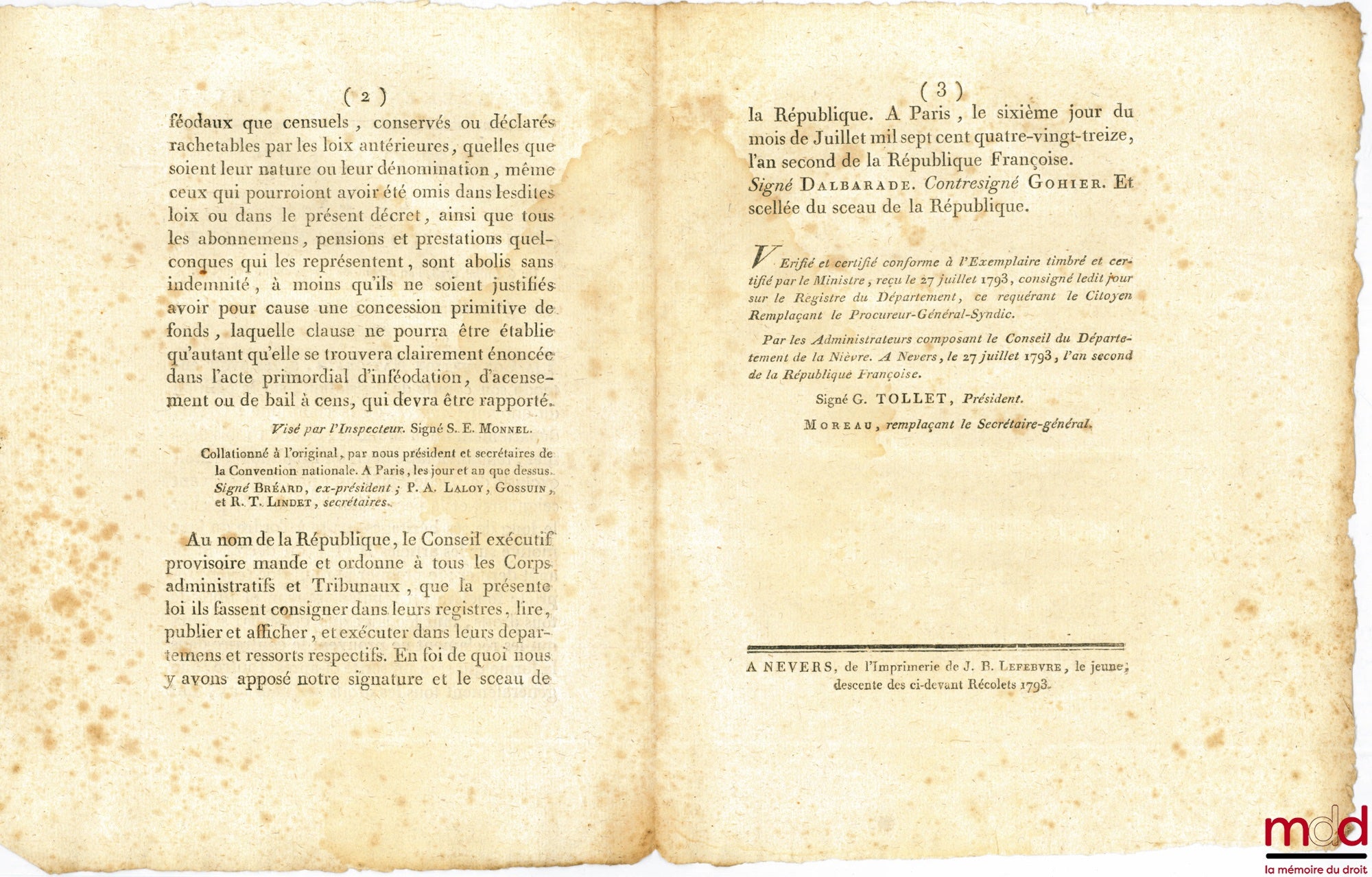 Decree of the National Convention, July 6, 1793, the second year of the French Republic. CONCERNING THE ABOLITION OF THE EXCLUSIVE RIGHT TO FISH. Signed Dalbarade. Department of Nièvre, bulletin no. 1158