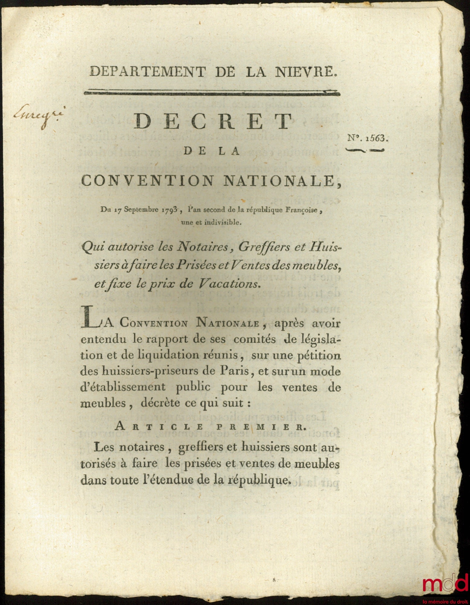 Decree of the National Convention, September 14, 1793, the second year of the French Republic, one and indivisible. Authorizing notaries, clerks, and bailiffs to appraise and sell furniture, and to fix the price of sales. Signed Bouchotte