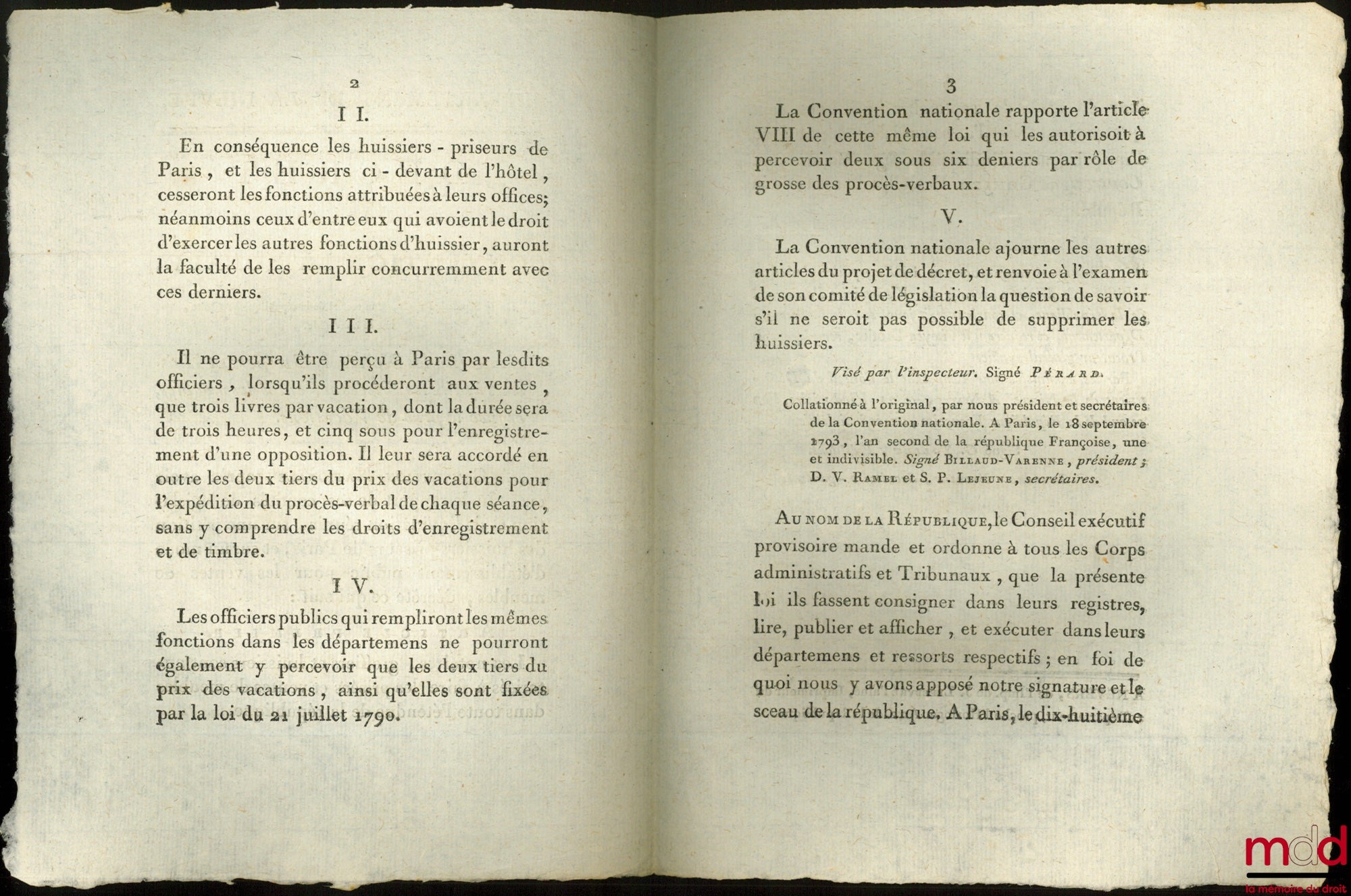 Decree of the National Convention, September 14, 1793, the second year of the French Republic, one and indivisible. Authorizing notaries, clerks, and bailiffs to appraise and sell furniture, and to fix the price of sales. Signed Bouchotte