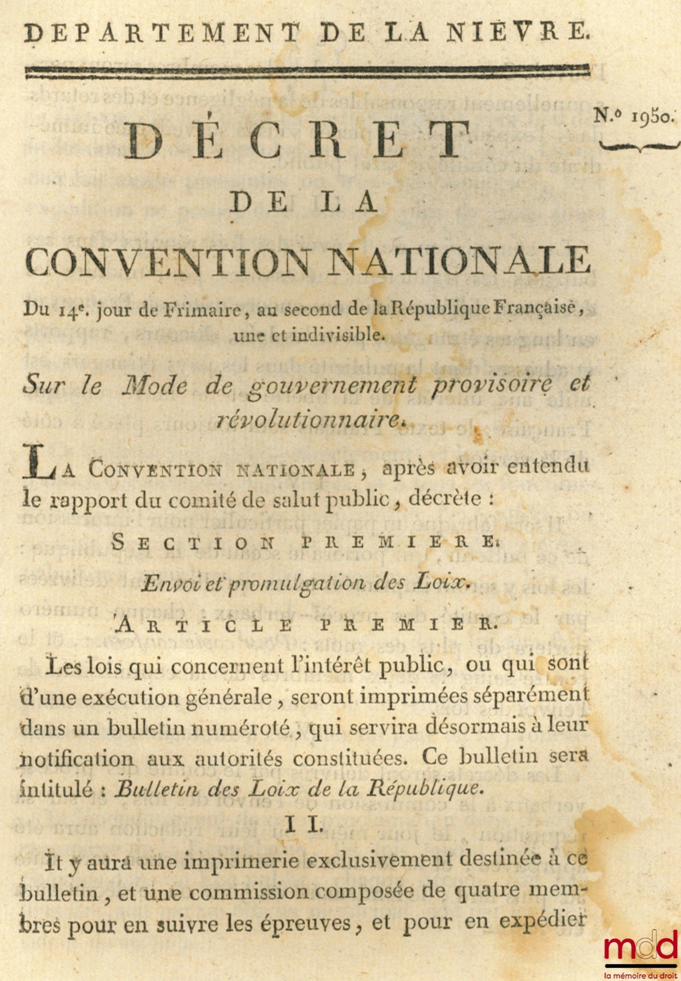 Décret de la Convention nationale, du 14e jour de Frimaire, an second de la République Française, une et indivisible, Sur le Mode de gouvernement provisoire et révolutionnaire. Signé Destournelles. Département de la Nièvre, bull. n° 1950