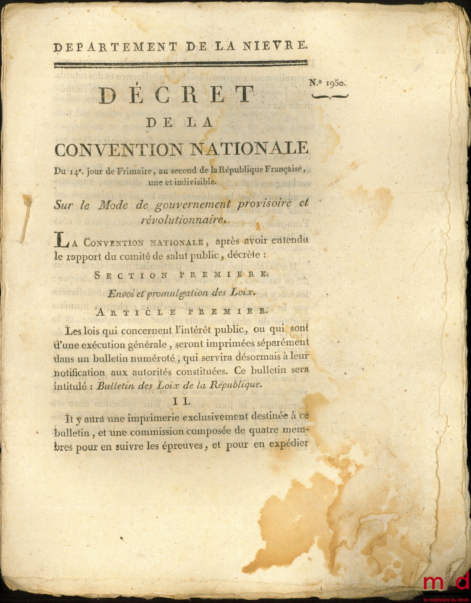 Décret de la Convention nationale, du 14e jour de Frimaire, an second de la République Française, une et indivisible, Sur le Mode de gouvernement provisoire et révolutionnaire. Signé Destournelles. Département de la Nièvre, bull. n° 1950