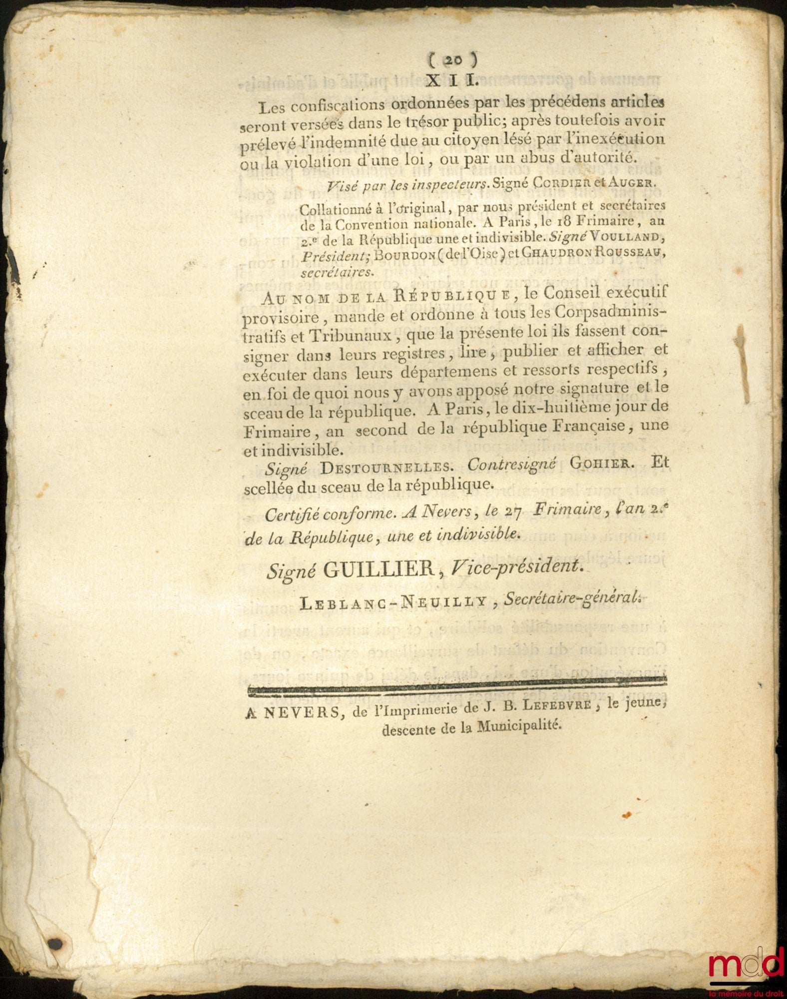 Décret de la Convention nationale, du 14e jour de Frimaire, an second de la République Française, une et indivisible, Sur le Mode de gouvernement provisoire et révolutionnaire. Signé Destournelles. Département de la Nièvre, bull. n° 1950