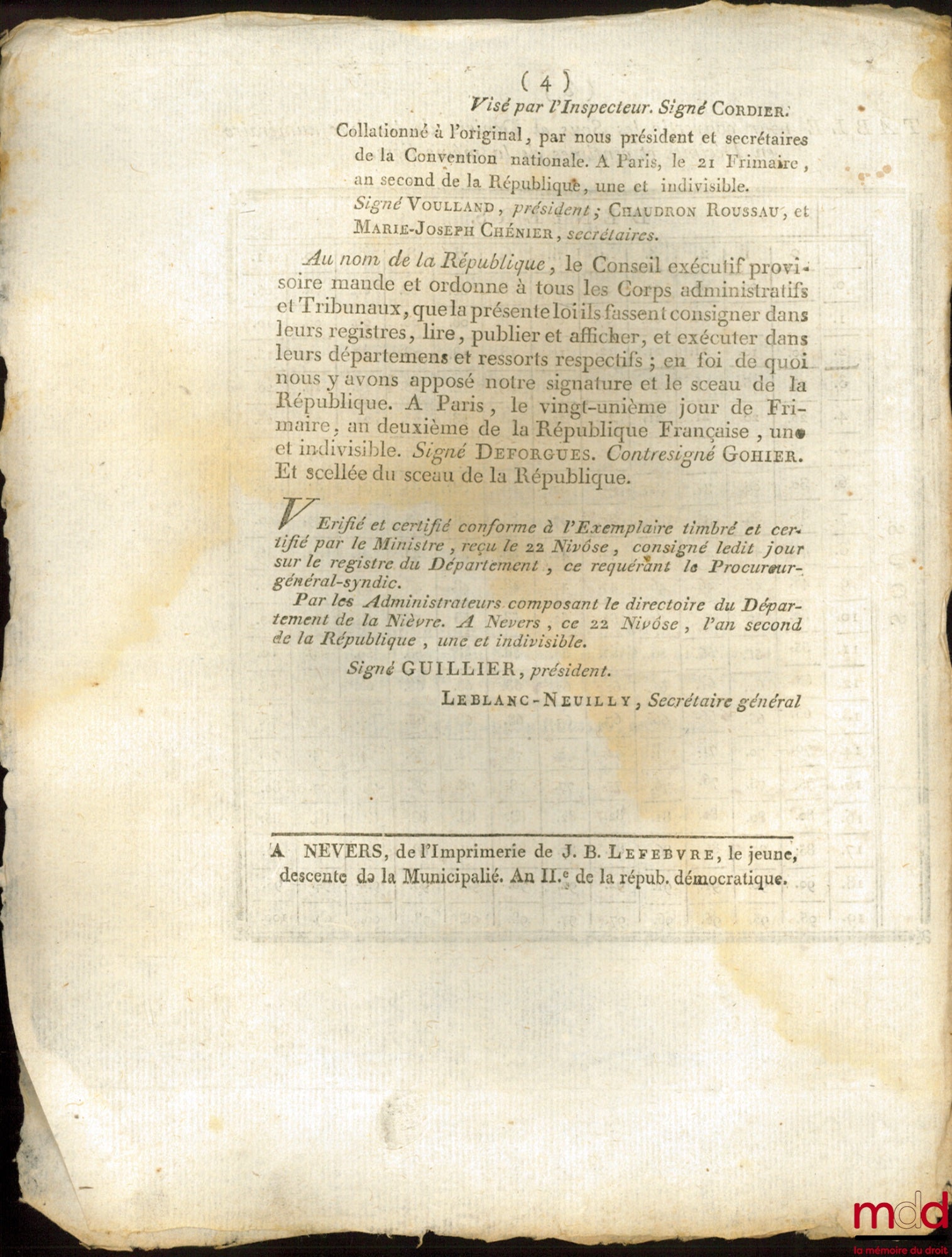 Décret de la Convention nationale, du 17ème jour de Frimaire , an second de la République Française, une et indivisible, Portant que les Marchés et les Comptes seront stipulés et rendus en livres, décimes, et centimes. Signé Destournelles. Département de