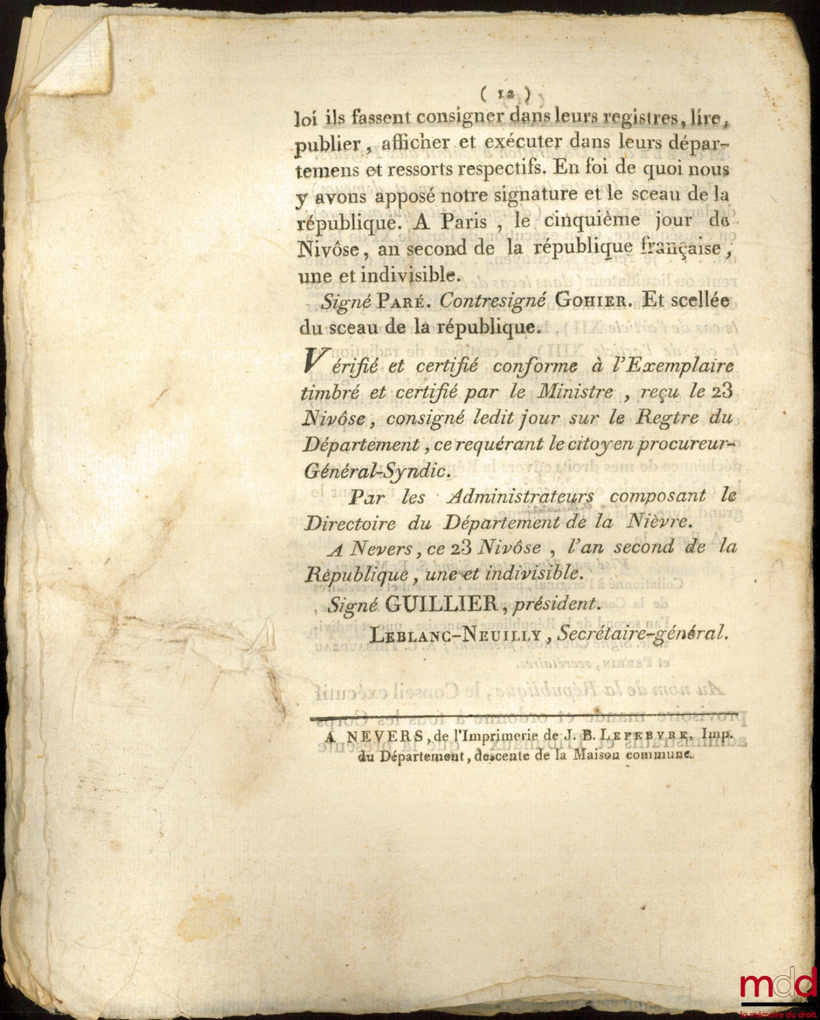 Decree of the National Convention, dated the 21st day of Frimaire, year II of the French Republic, one and indivisible, concerning the surrender of Debt Securities. Signed Destournelles. Department of Nièvre, bulletin no. 1978