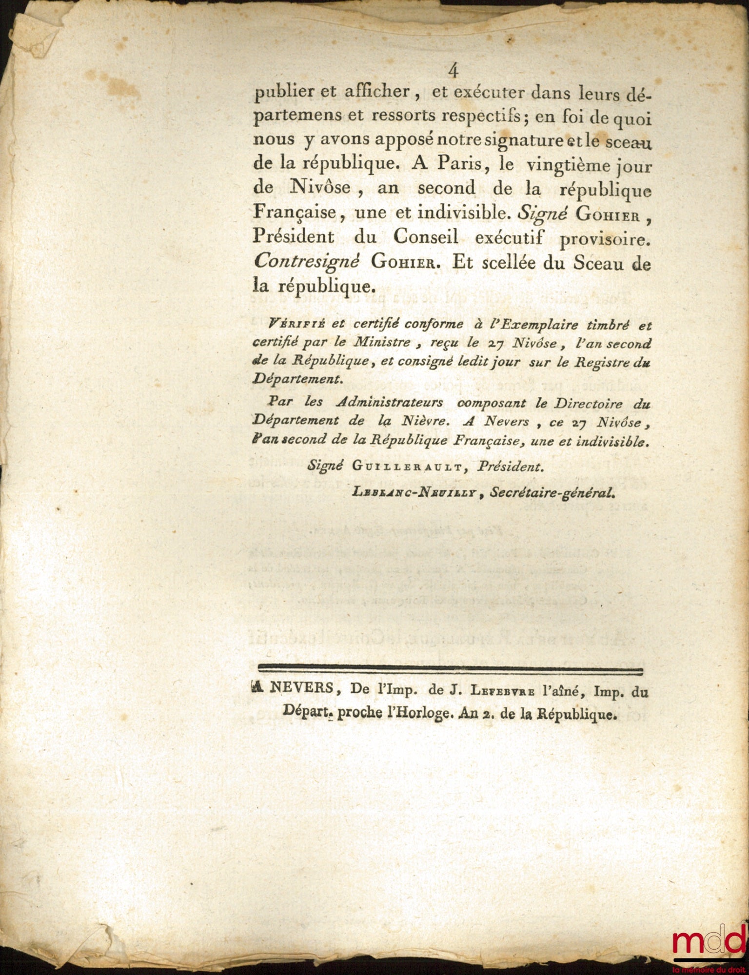 [Organisation judiciaire] – Décret de la Convention nationale, du 20ème jour de Nivôse , an second de la République Française, une et indivisible, Contenant des disposition relatives aux Gardiens des scellés. Signé Gohier. Département de la Nièvre, bull.