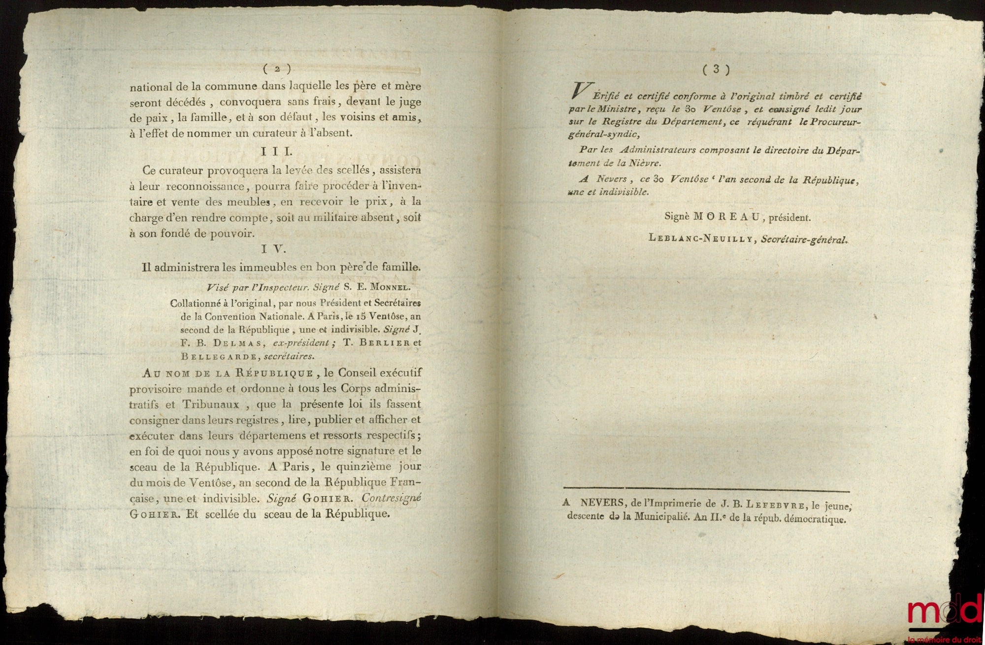 Décret de la Convention nationale, du 11ème jour de Ventôse , an second de la République Française, une et indivisible, Relatif aux Scellés apposés après le décès de Citoyens dont les défenseurs de la Patrie sont héritiers. Signé Gohier. Département de la