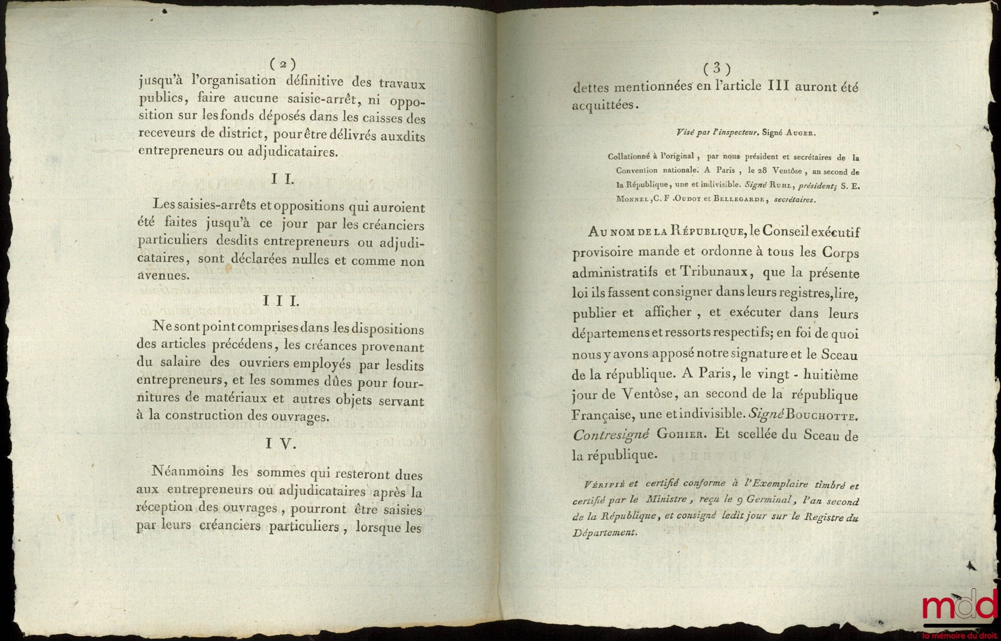 Décret de la Convention nationale, du 26ème jour de Pluviôse , an second de la République Française, une et indivisible, Qui interdit provisoirement aux Créanciers particuliers la faculté de faire des Saisies-arrêts ou Oppositions sur les Fonds destinés a