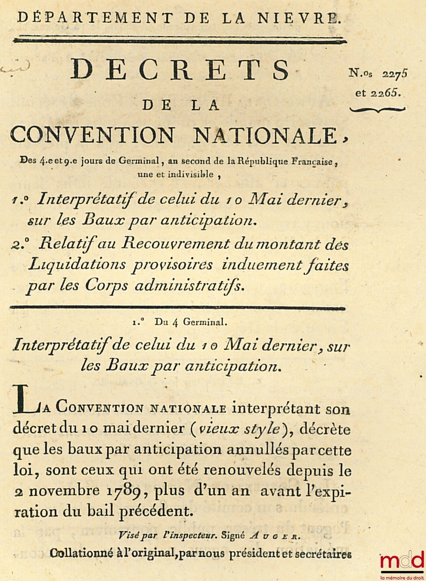 Décrets de la Convention nationale du 4ème et 9ème jour de Germinal , an second de la République Française, une et indivisible, 1° Interprétatif de celui du 10 Mai dernier, sur les Baux par anticipation, 2° Relatif au Recouvrement du montant des Liquidati