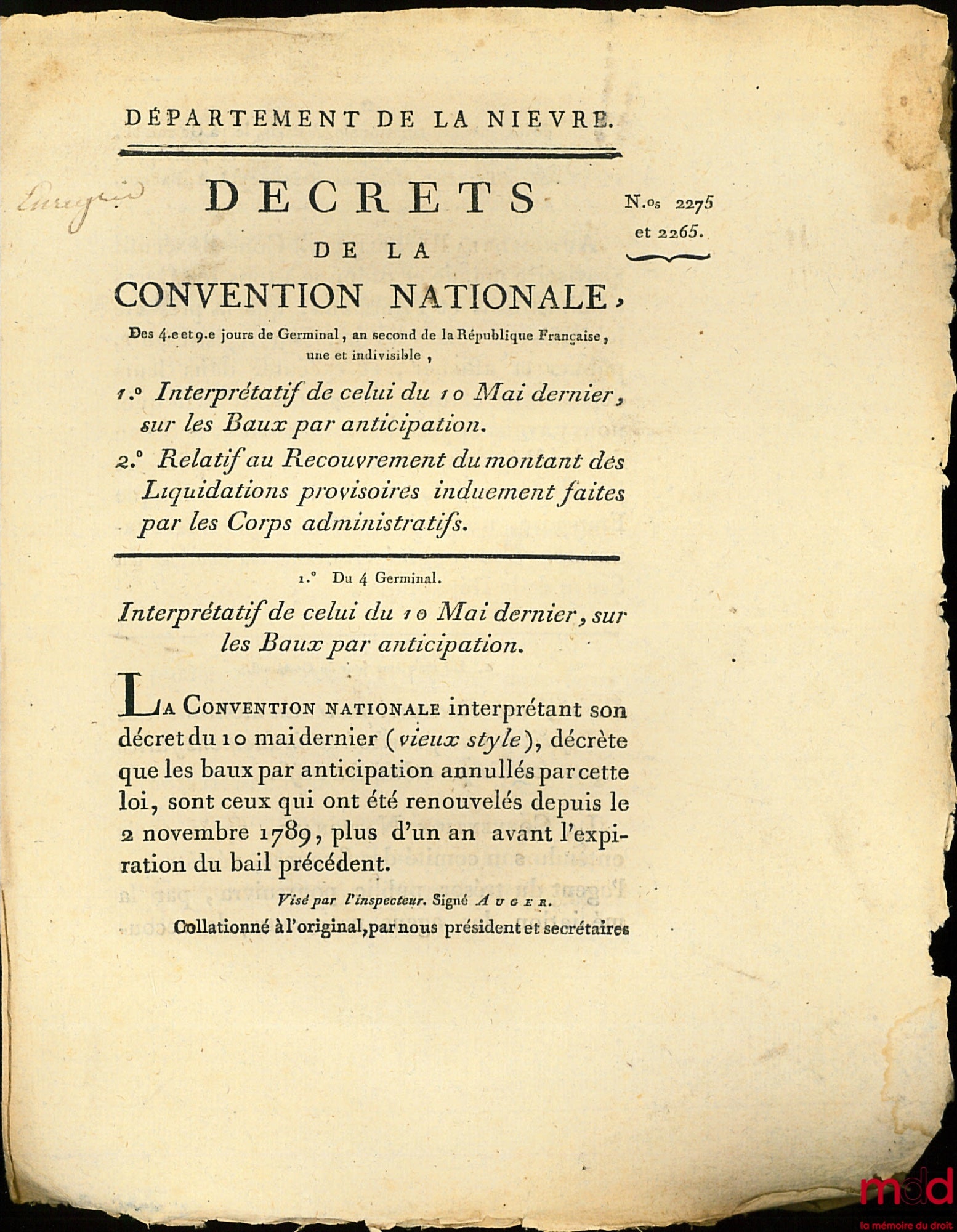 Décrets de la Convention nationale du 4ème et 9ème jour de Germinal , an second de la République Française, une et indivisible, 1° Interprétatif de celui du 10 Mai dernier, sur les Baux par anticipation, 2° Relatif au Recouvrement du montant des Liquidati