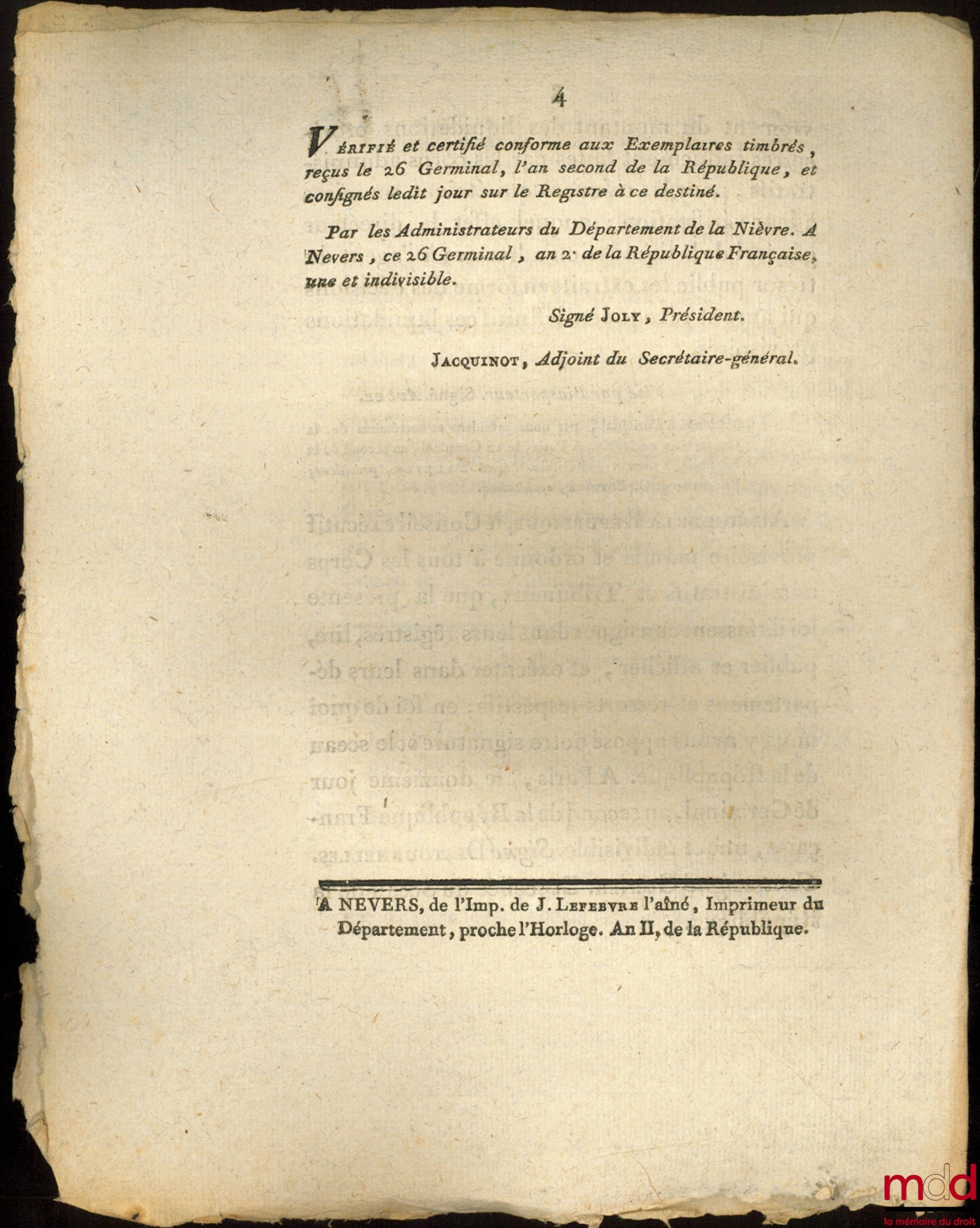 Décrets de la Convention nationale du 4ème et 9ème jour de Germinal , an second de la République Française, une et indivisible, 1° Interprétatif de celui du 10 Mai dernier, sur les Baux par anticipation, 2° Relatif au Recouvrement du montant des Liquidati