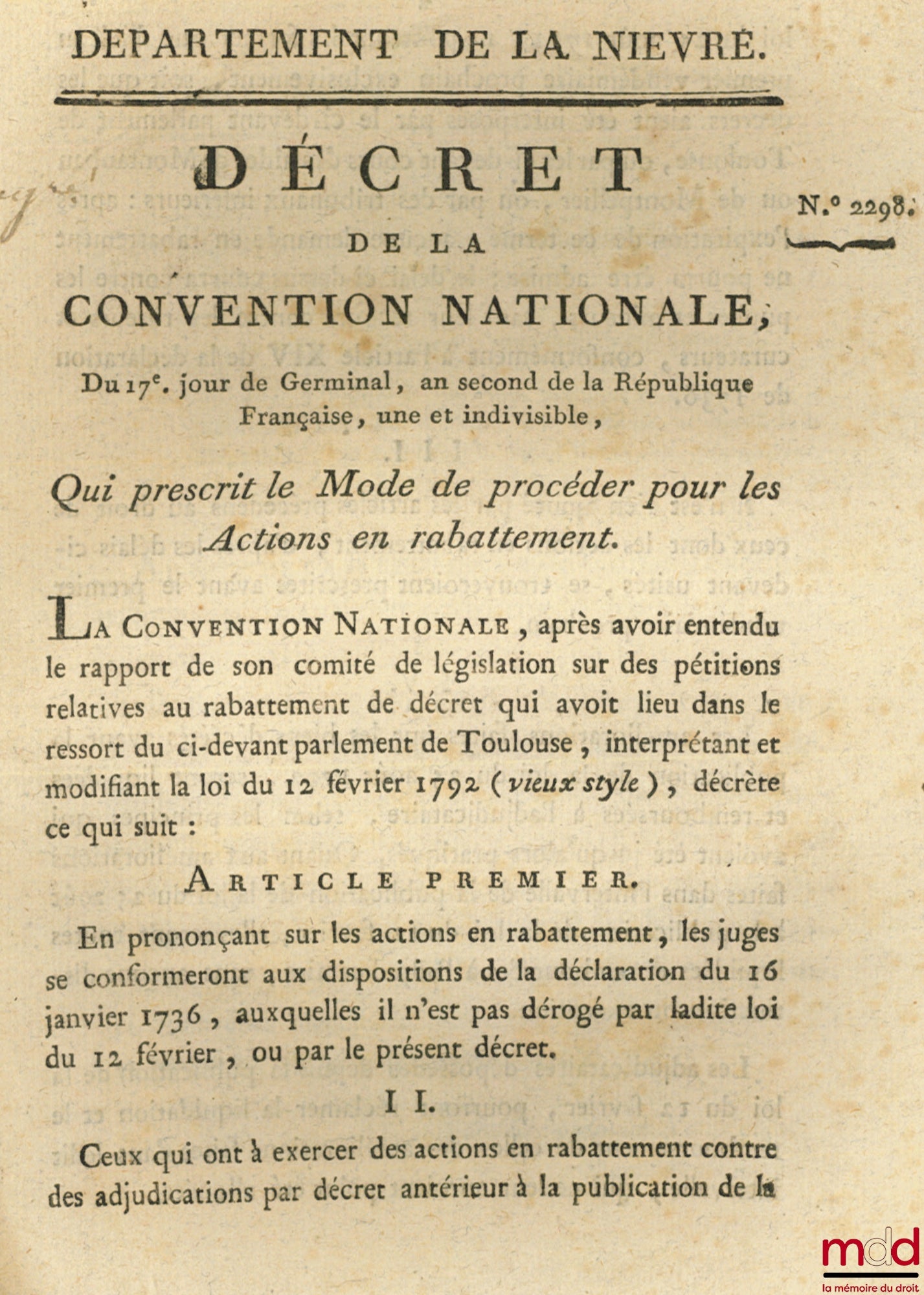 Decree of the National Convention, dated the 17th day of Germinal, year two of the French Republic, one and indivisible, prescribing the procedure for actions for reduction. Signed Bouchot. Department of Nièvre, bulletin no. 2298