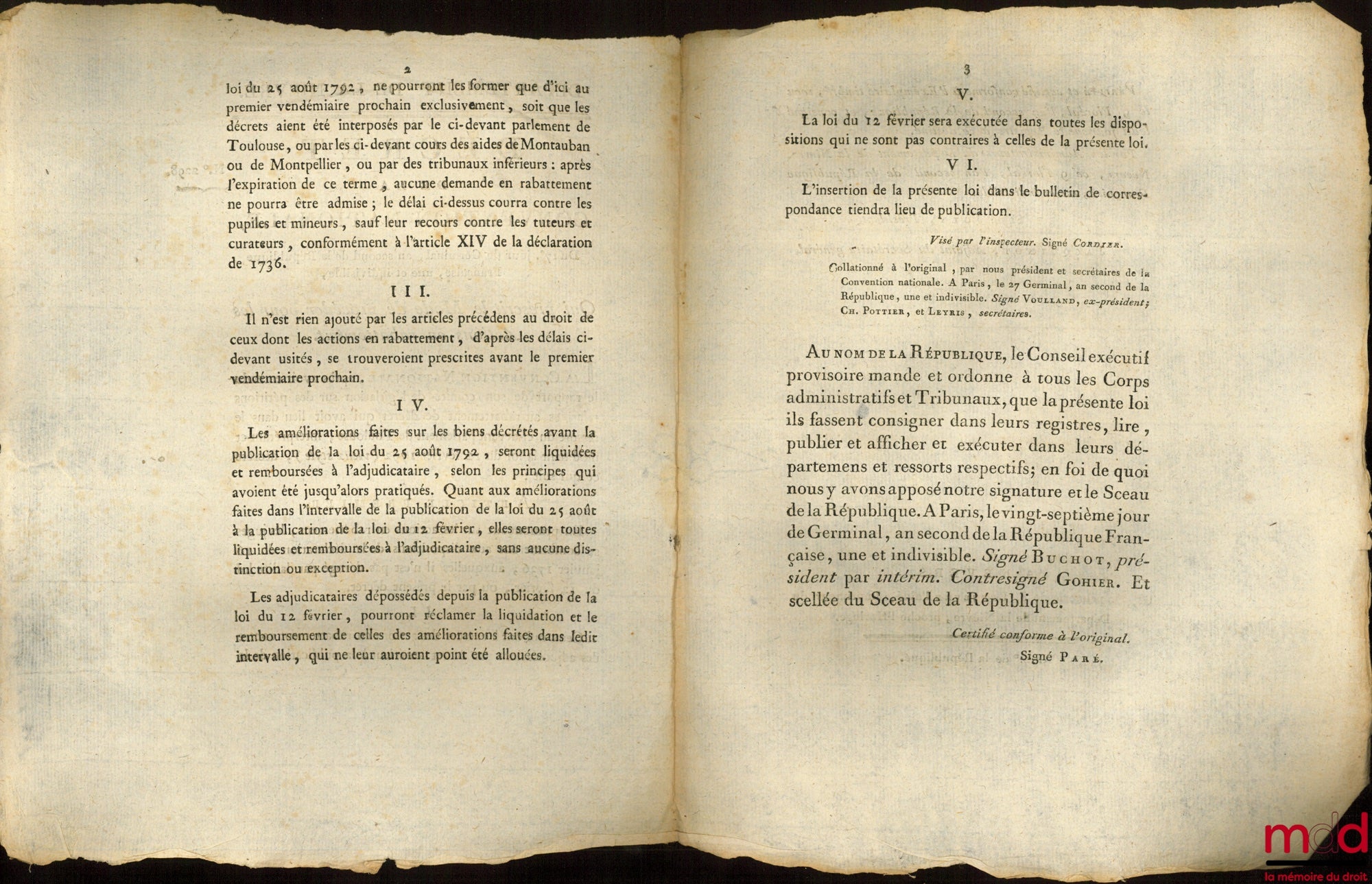Decree of the National Convention, dated the 17th day of Germinal, year two of the French Republic, one and indivisible, prescribing the procedure for actions for reduction. Signed Bouchot. Department of Nièvre, bulletin no. 2298