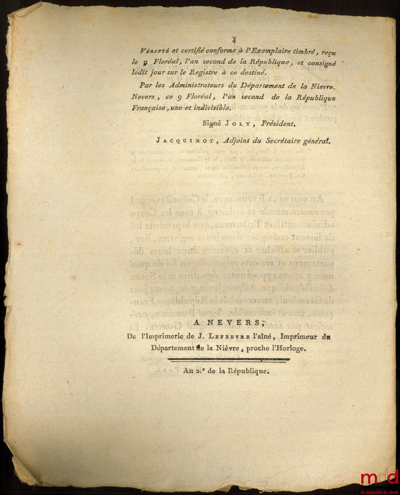Decree of the National Convention, dated the 17th day of Germinal, year two of the French Republic, one and indivisible, prescribing the procedure for actions for reduction. Signed Bouchot. Department of Nièvre, bulletin no. 2298