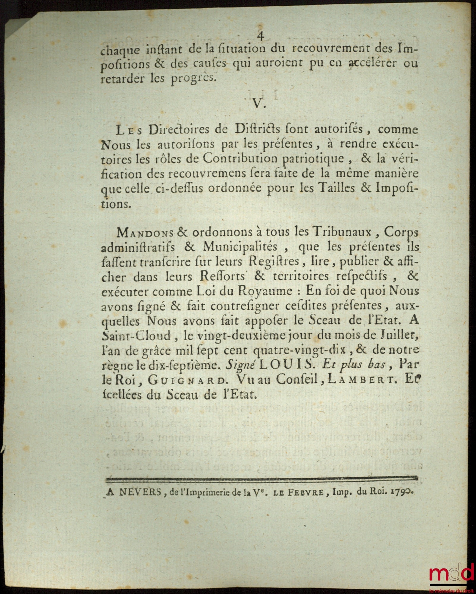 Lettres Patentes du Roi, Sur le Décret de l’Assemblée Nationale, du 26 Juin 1790, Concernant la confection & vérification des Rôles de supplément, sur les ci-devant Privilégiés, pour les six derniers mois 1789, tant dans le Départemens du Royaume ; & port