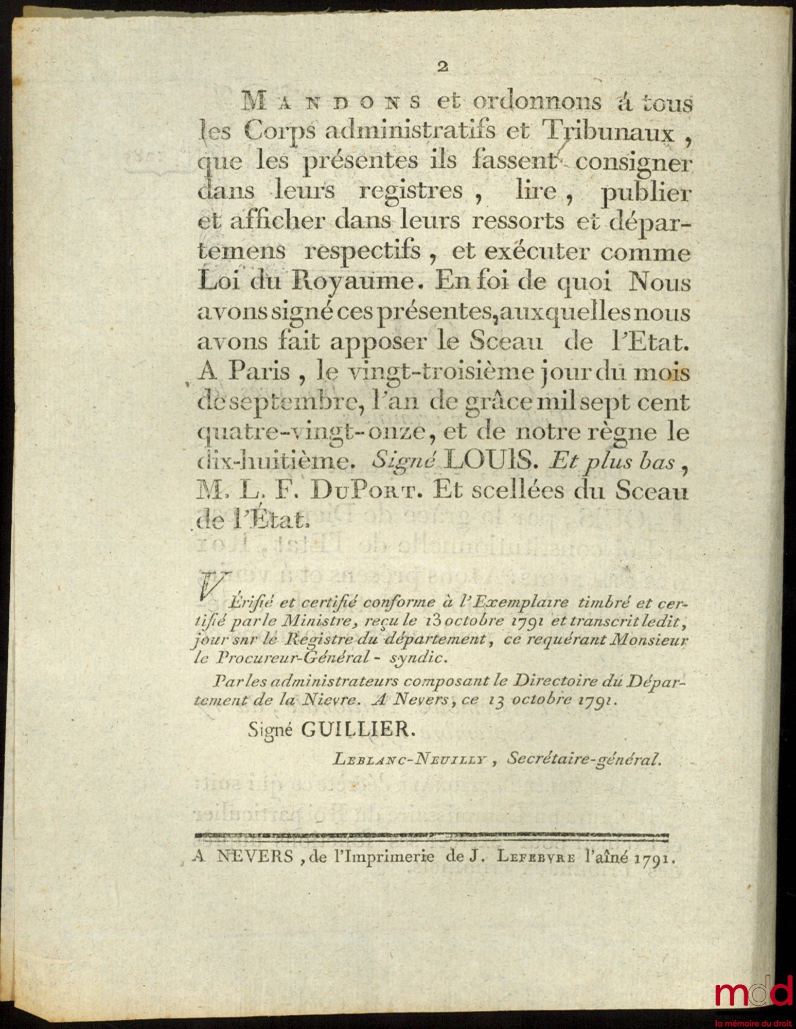 [Organisation judiciaire] – Loi RELATIVE AUX COMMISSAIRES DU ROI PRÈS LES TRIBUNAUX CRIMINELS. Donnée à Paris, le 23 Septembre 1791, Signé Louis M. L. F. Duport, Département de la Nièvre, bull. n° 1285