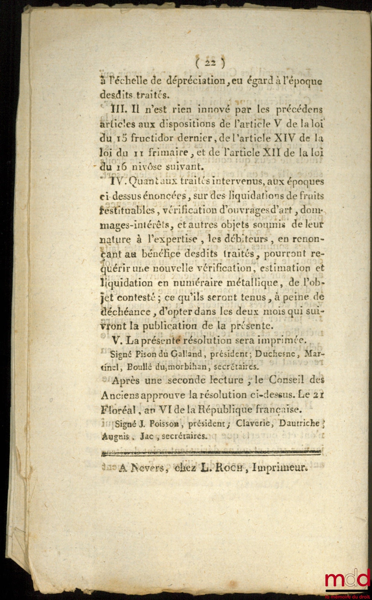 LOI DÉFINITIVE SUR LA CONTRAINTE PAR CORPS. Du 15 Germinal, an 6, signé Pison du Galland, président ; Duchesne, Martinel, Boullé du Morbihan, secrétaires