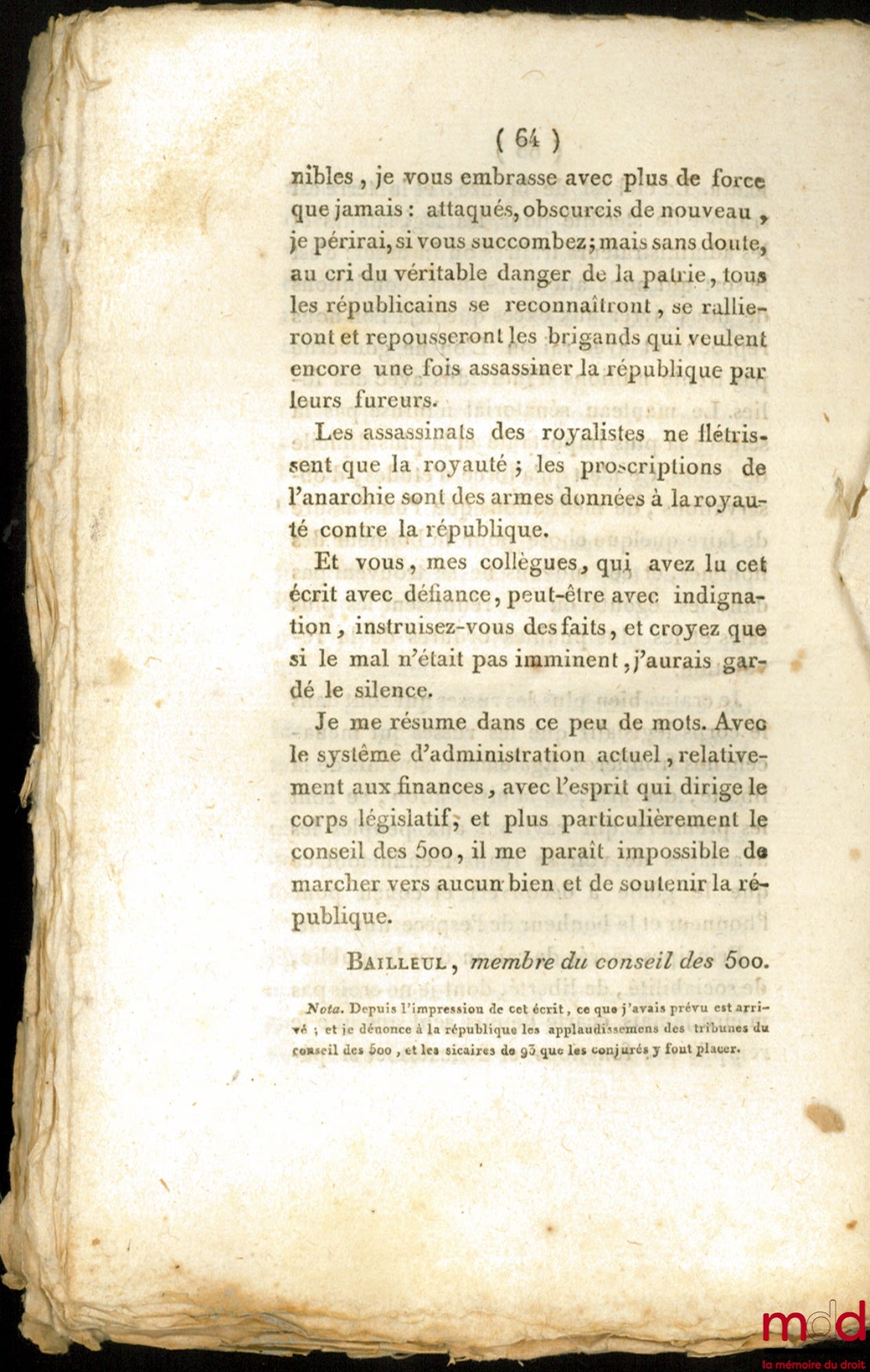 BAILLEUL (Jean-Charles) – OBSERVATIONS SUR LES FINANCES ET LES FACTIONS, Considérées comme causes de la chute du crédit public et de la misère du peuple