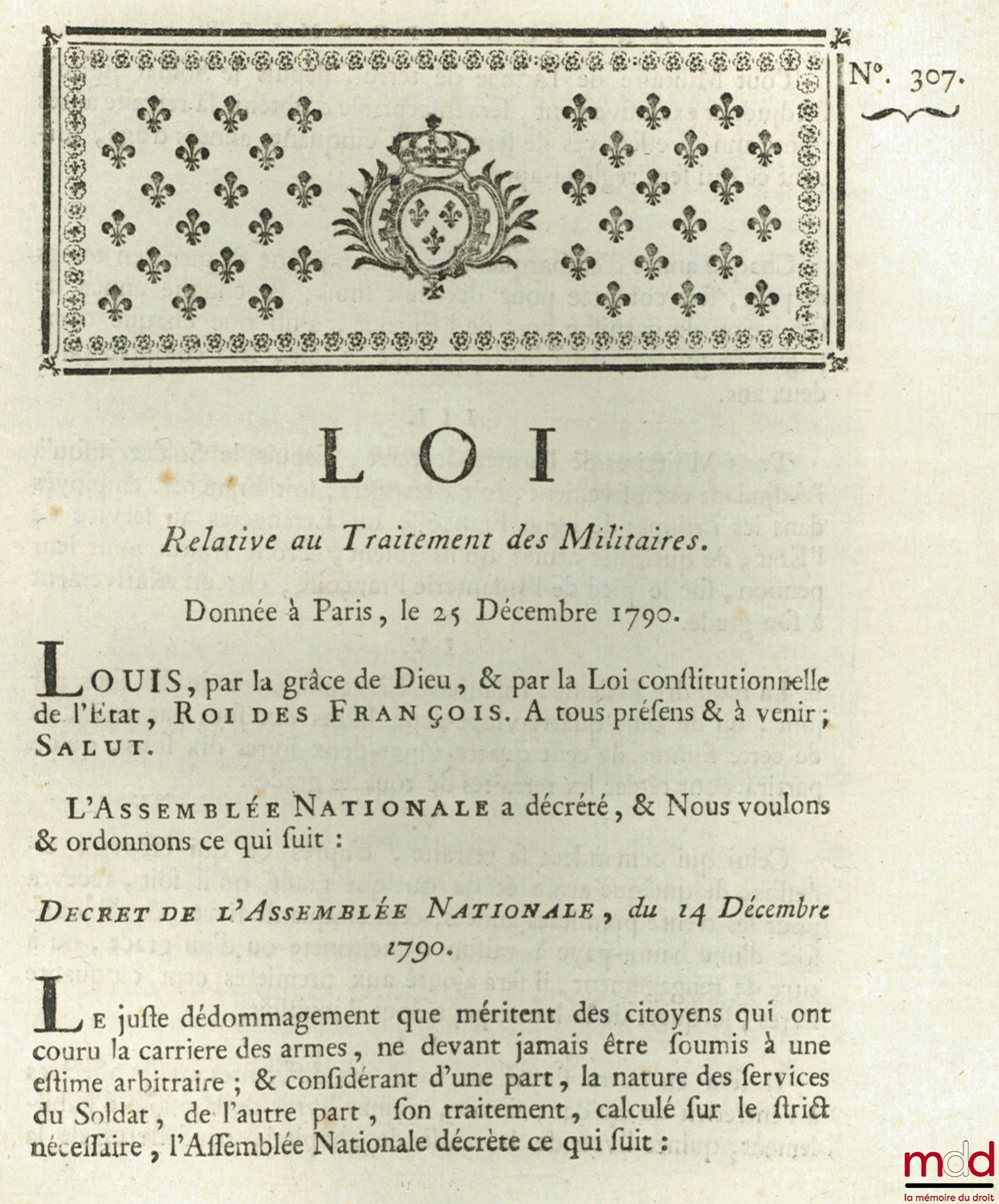 Loi, RELATIVE AU TRAITEMENT DES MILITAIRES. Donnée à Paris, le 25 Décembre 1790, signé : Louis, M.L.F. Duport