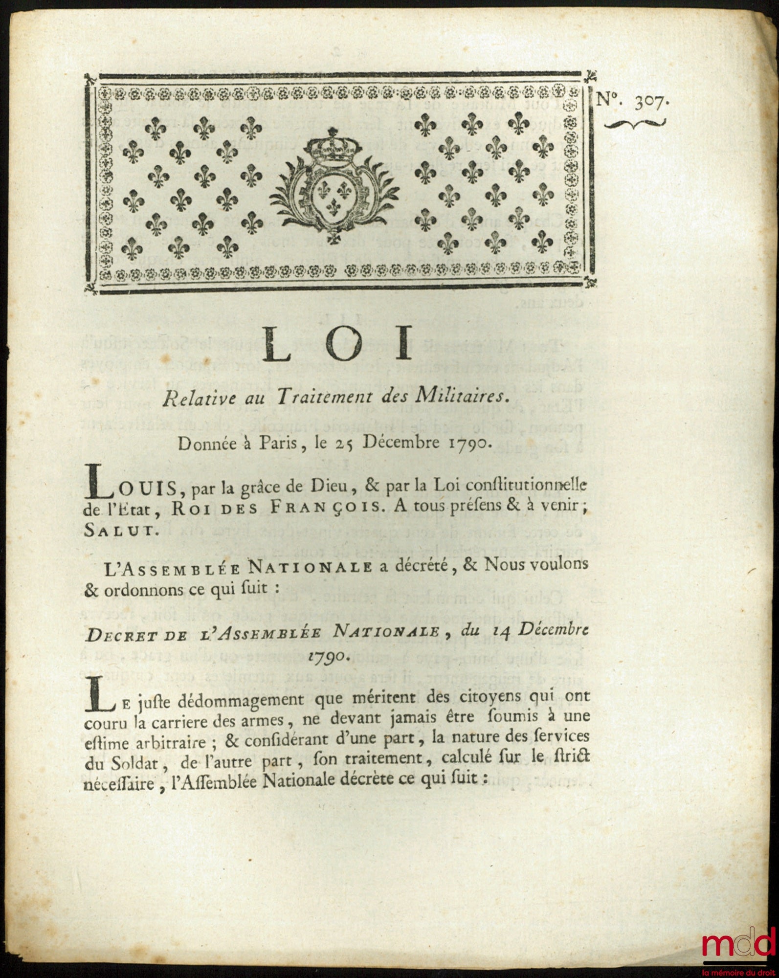 Loi, RELATIVE AU TRAITEMENT DES MILITAIRES. Donnée à Paris, le 25 Décembre 1790, signé : Louis, M.L.F. Duport