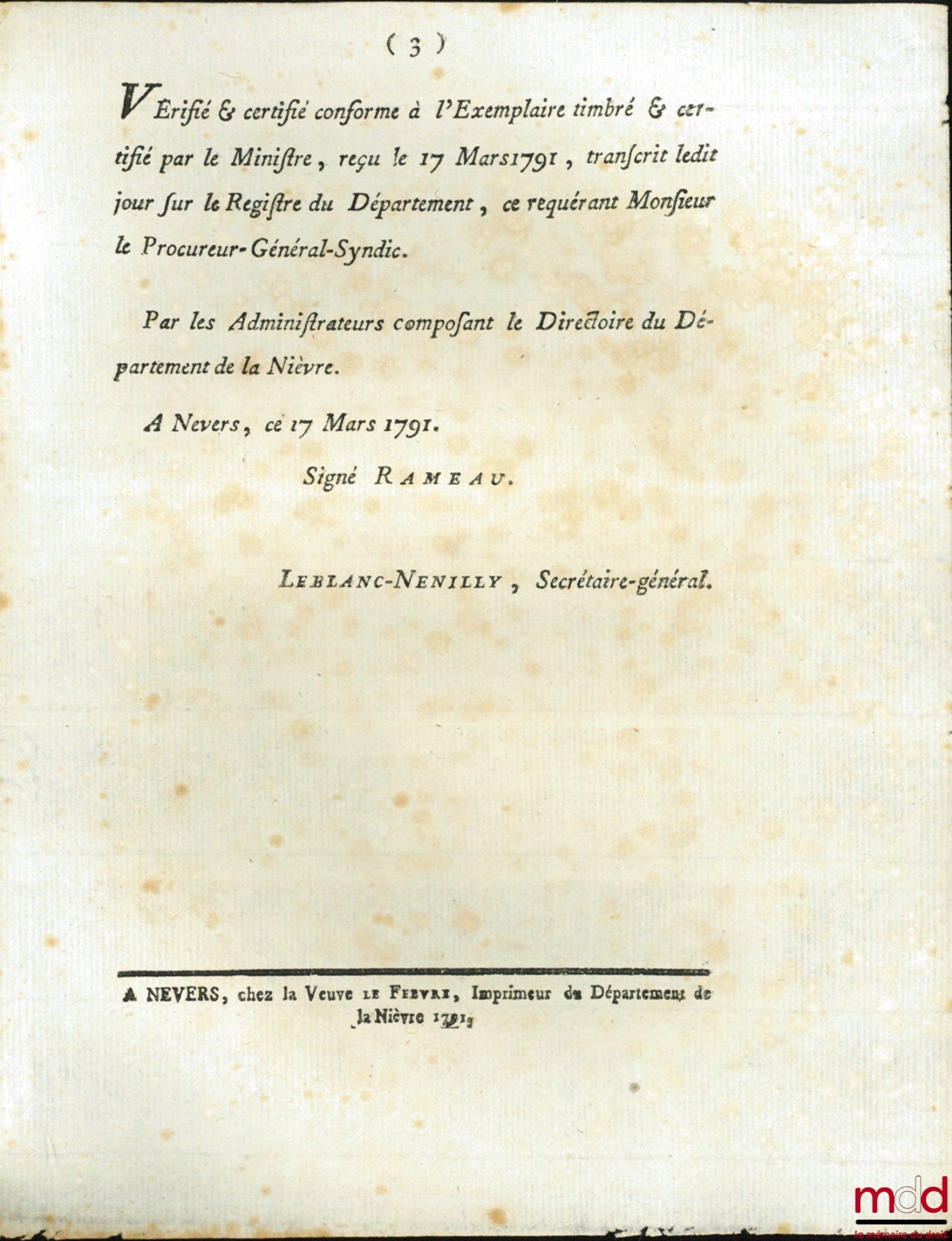 Loi, RELATIVE À LA DÉCORATION MILITAIRE POUR LES OFFICIERS ATTACHÉS À LA MARINE. Donnée à Paris le 11 Février 1791, signé : Louis, M.L.F. Duport, bull. n° 393