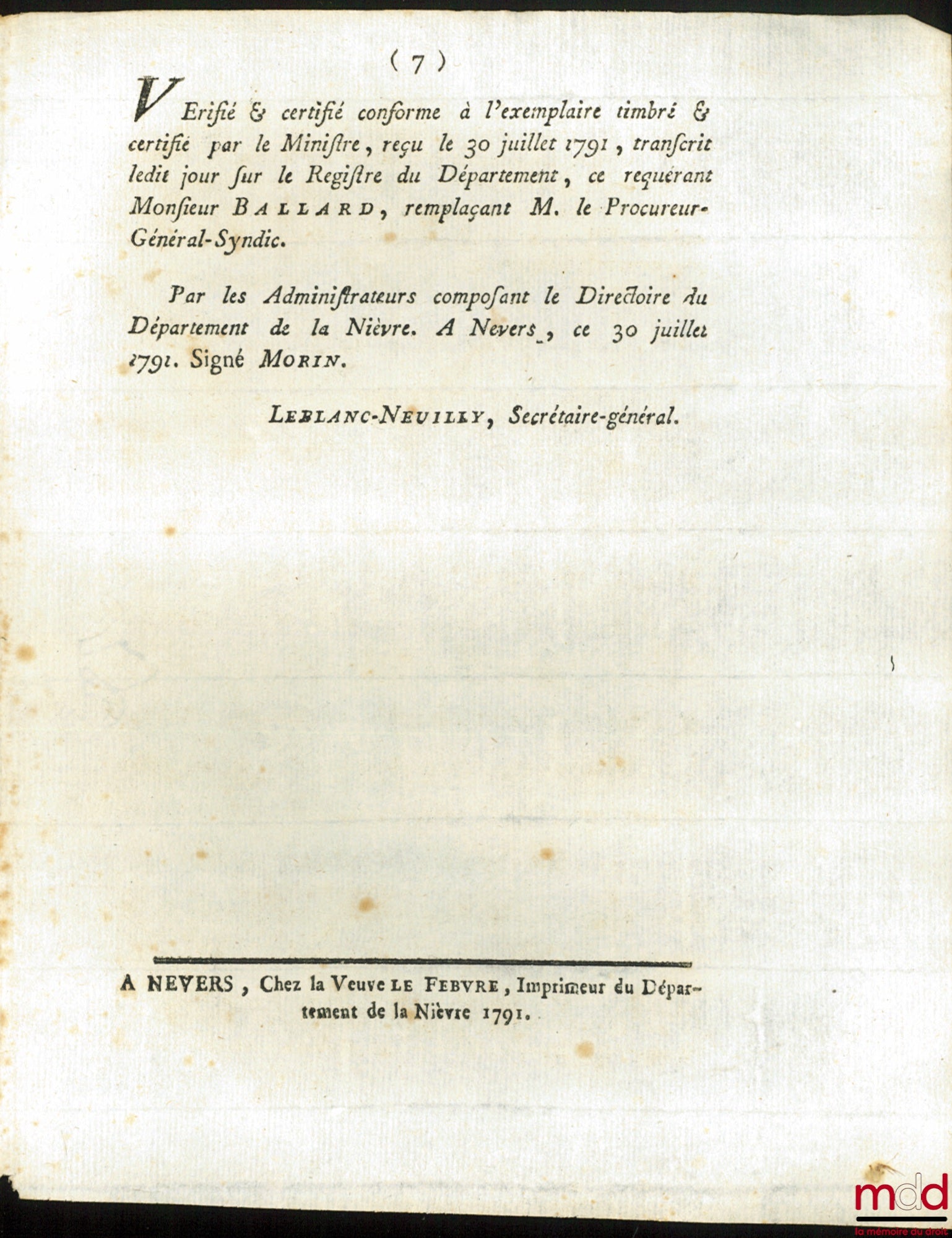 Loi RELATIVE AU REMBOURSEMENT DES CHARGES & OFFICES MILITAIRES. Donnée à Paris, le 3 Juin 1791, signé : Louis, M.L.F. Duport, bull. n° 966