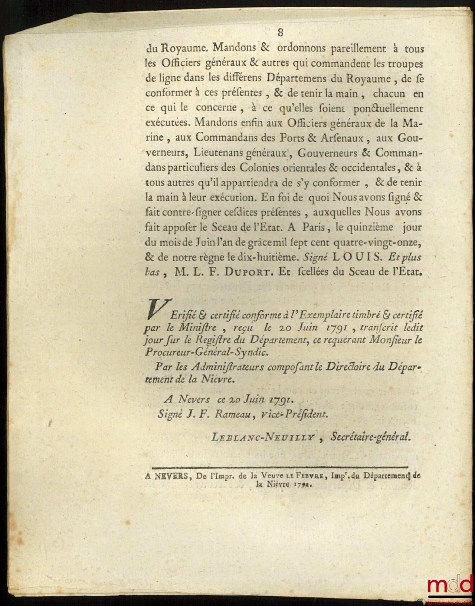 Loi RELATIVE AU SERMENT À PRÊTER PAR LES OFFICIERS DE TOUT GRADE, & SOLDATS DE L’ARMÉE FRANÇAISE, & CONTENANT EN OUTRE DES DISPOSITIONS PARTICULIÈRES AU CI-DEVANT PRINCE DE CONDÉ. Donnée à Paris, le 15 Juin 1791, signé : Louis, M.L.F. Duport, bull. n° 999