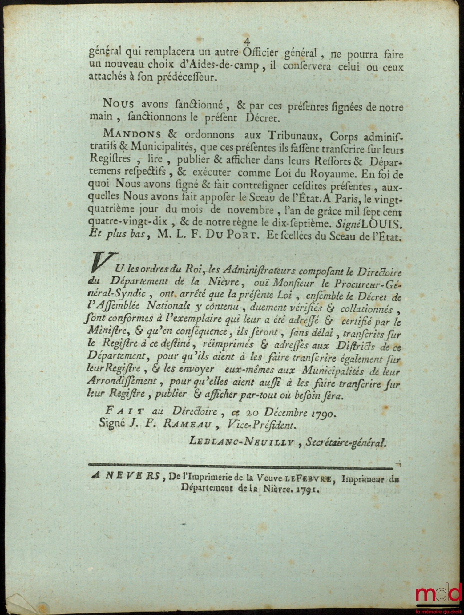 Loi RELATIVE AUX ADJUDANS GÉNÉRAUX DE L’ARMÉE & AUX AIDES-DE-CAMP. Donnée à Paris, le 24 Novembre 1790, signé : Louis, M.L.F. Duport