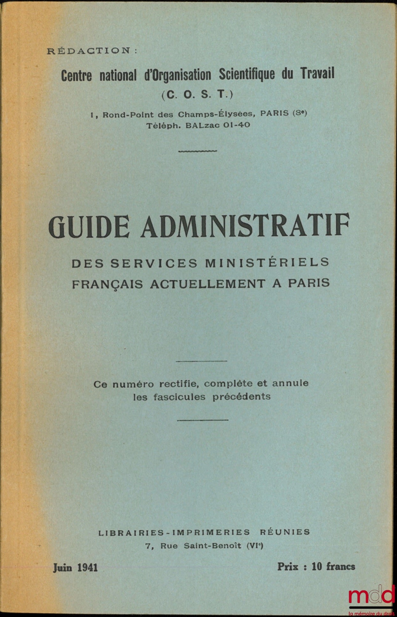 [Collectif] – GUIDE ADMINISTRATIF DES SERVICES MINISTÉRIELS FRANÇAIS ACTUELLEMENT À PARIS, Centre national d’Organisation Scientifique du Travail
