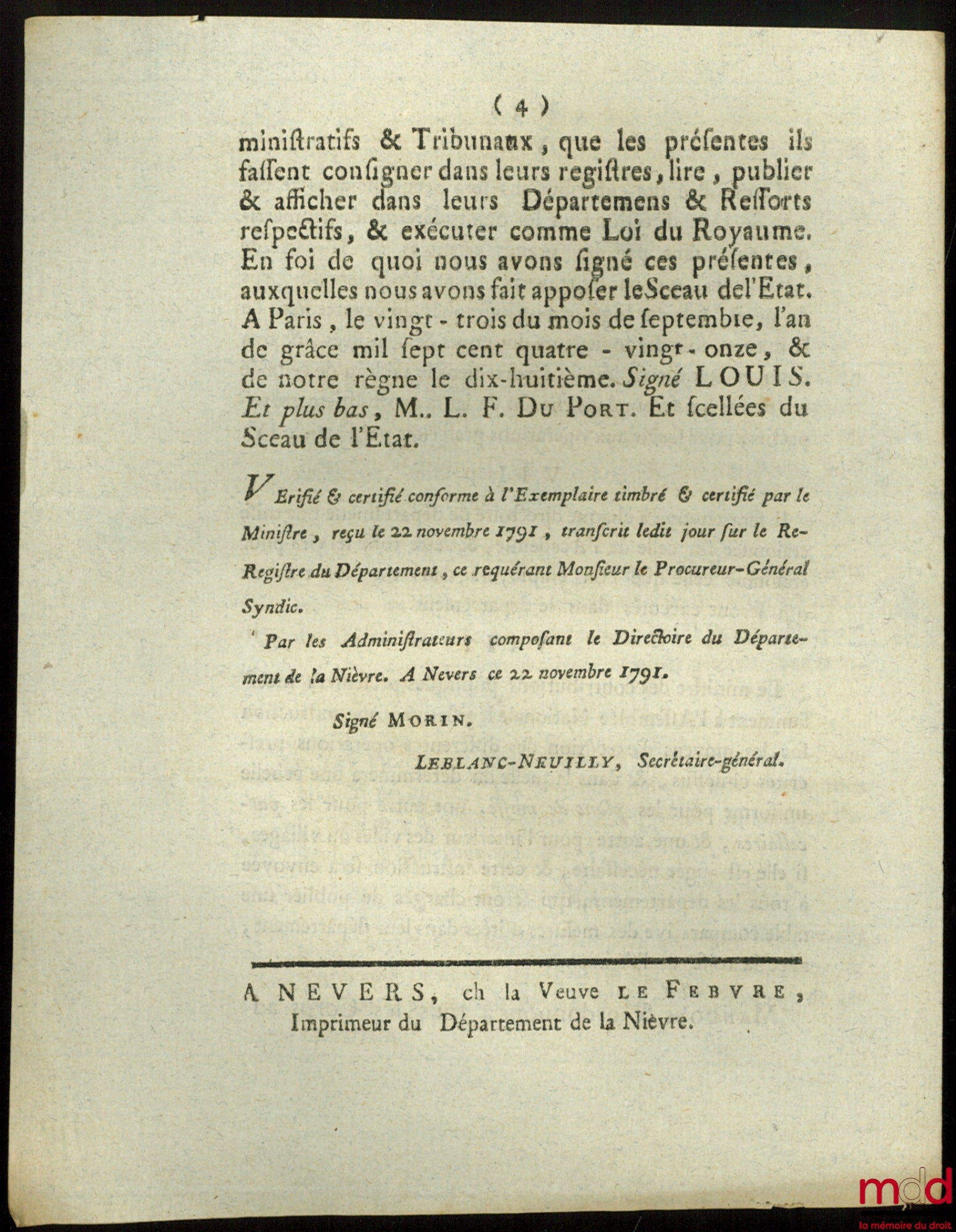 Loi QUI FIXE LES RÈGLES À SUIVRE POUR LES PLANS À FAIRE EN VERTU DES ARTICLES XXI & XXX DU DÉCRET DES 4 & 21 AOÛT 1791. Donnée à Paris, le 23 Septembre 1791, signé : Louis, M.L.F Duport, bull. n° 1296
