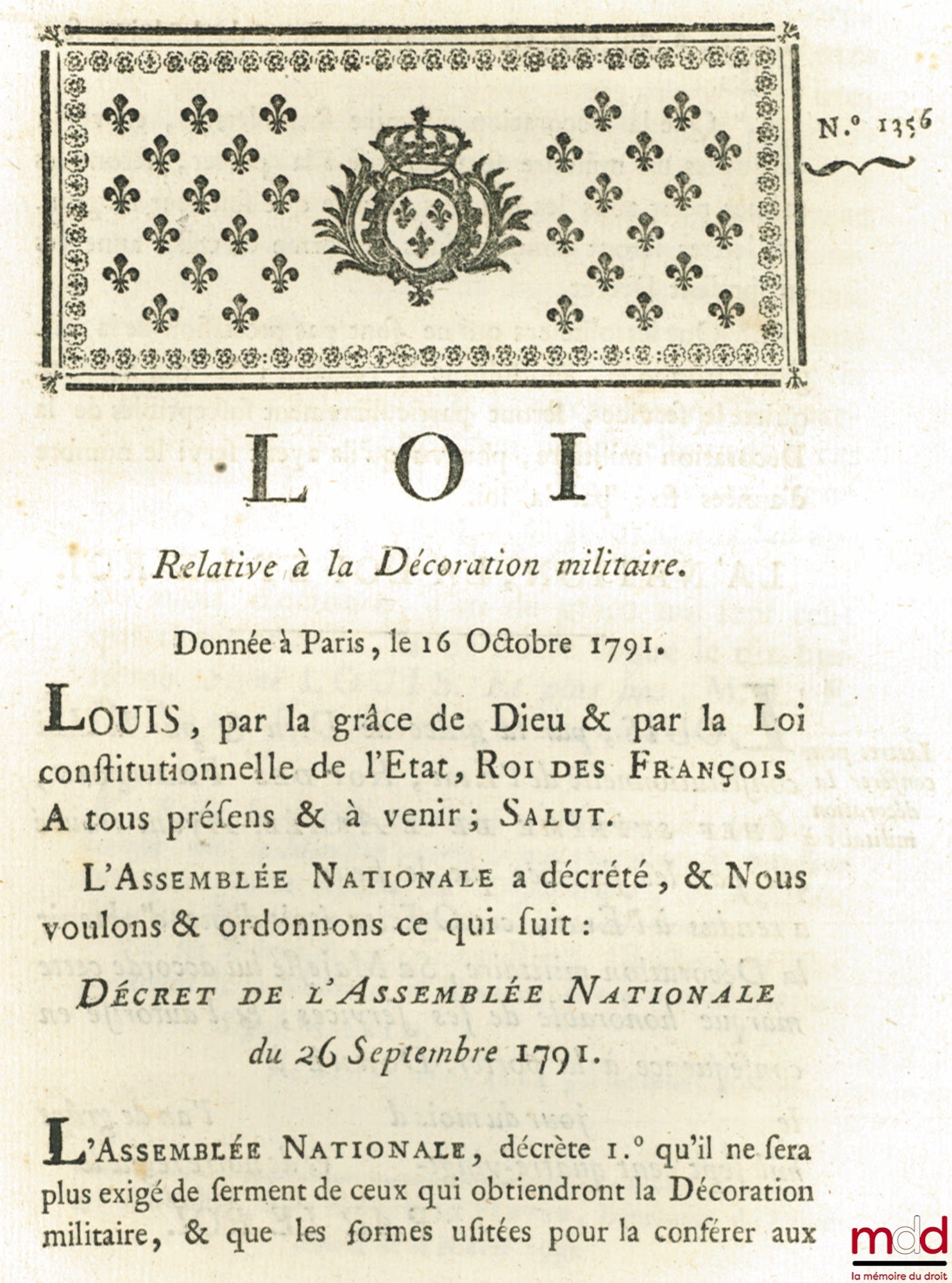 Loi RELATIVE À LA DÉCORATION MILITAIRE. Donnée à Paris, le 16 Octobre 1791, signé : Louis, M.L.F. Duport, bull. n° 1356
