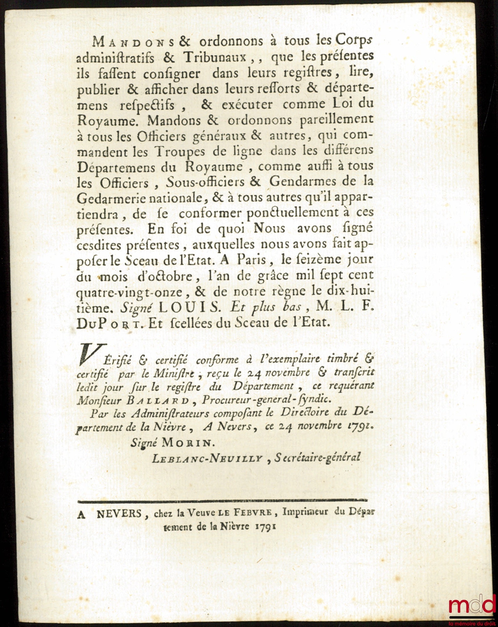 Loi RELATIVE À LA DÉCORATION MILITAIRE. Donnée à Paris, le 16 Octobre 1791, signé : Louis, M.L.F. Duport, bull. n° 1356