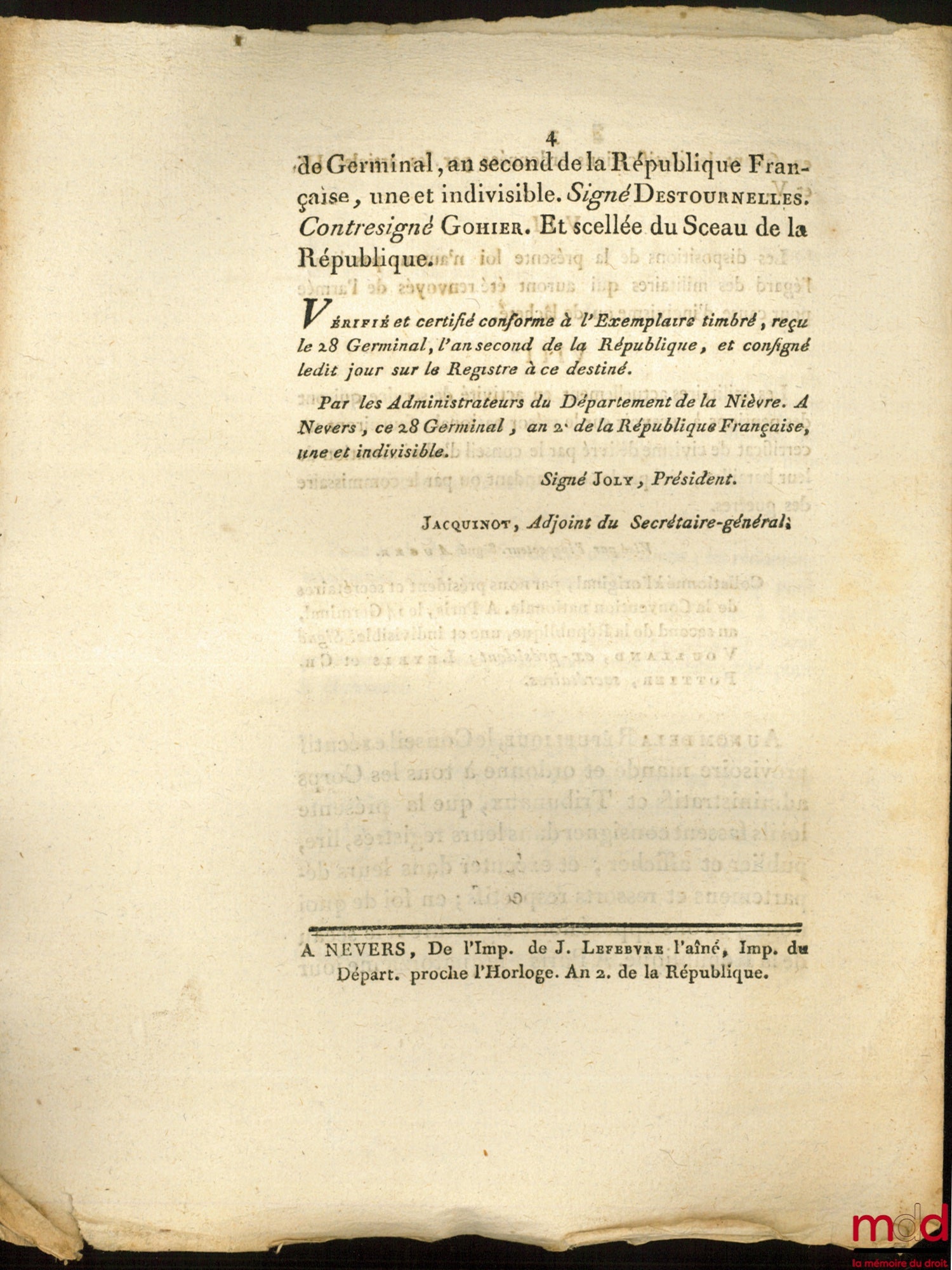 Décret de la Convention nationale, du 13e jour de Germinal, an second de la République Française, une et indivisible, RELATIF À LA REMISE DES TITRES DE CRÉANCES DES MILITAIRES, signé : Destournelles, contresigné : Gohier, bull. n° 2272