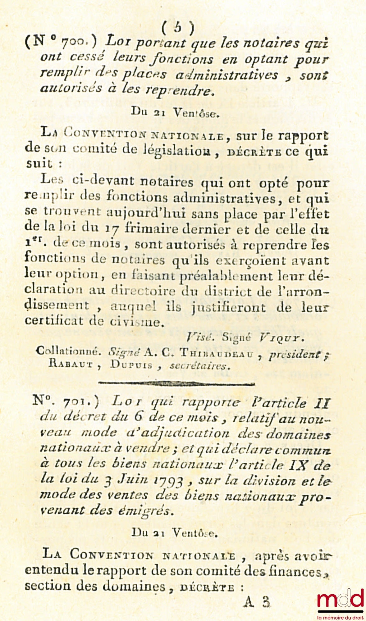 [Fête nationale] – Lois QUI RAPPORTE LES DISPOSITIONS DE CELLE DU 18 FLORÉAL, AN IIe EN CE QUI CONCERNE LA FÊTE À CÉLÉBRER ANNUELLEMENT LE 31 MAI (VIEUX STYLE). Du 19 Ventôse. loi de la République française, An IIIe de la République, une et indivisible, b