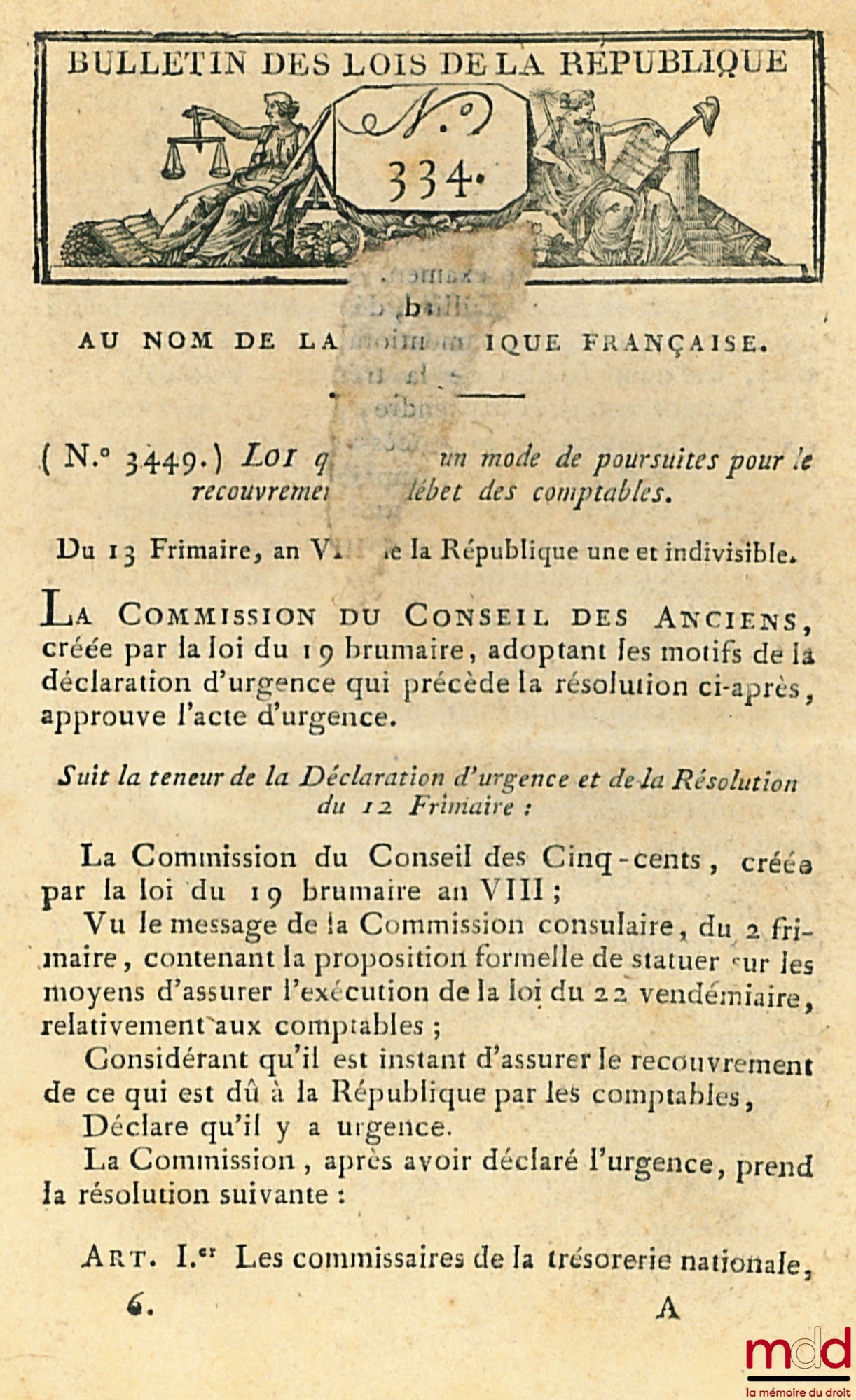 LOI QUI RÈGLE UN MODE DE POURSUITES POUR LE RECOUVREMENT DU DÉBET DES COMPTABLES, Bulletin des Lois de la République, Au nom de la République française, bull. n° 334, lois n° 3349 à 3459