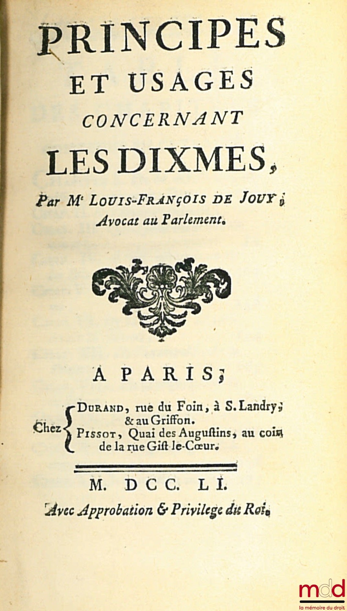 JOUY (Louis-François de) – PRINCIPES ET USAGES CONCERNANT LES DIXMES