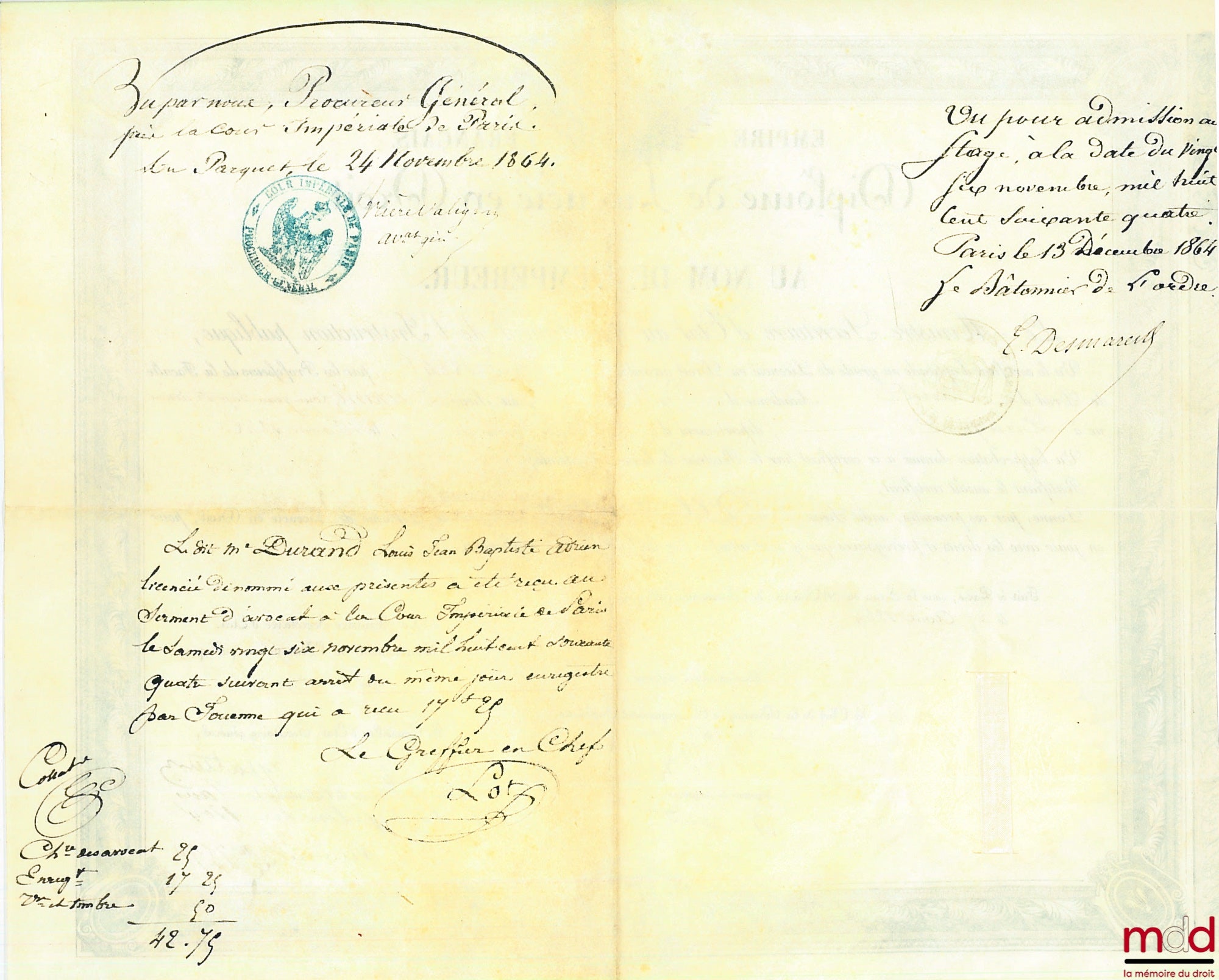 DIPLÔME DE LICENCIÉ EN DROIT. AU NOM DE L’EMPEREUR. Empire Français. Le Ministre Secrétaire d’État au département de l’Instruction publique, Vu le certificat d’aptitude au grade de Licencié en Droit accordé, le 10 Août 1864, par les professeurs de la Facu