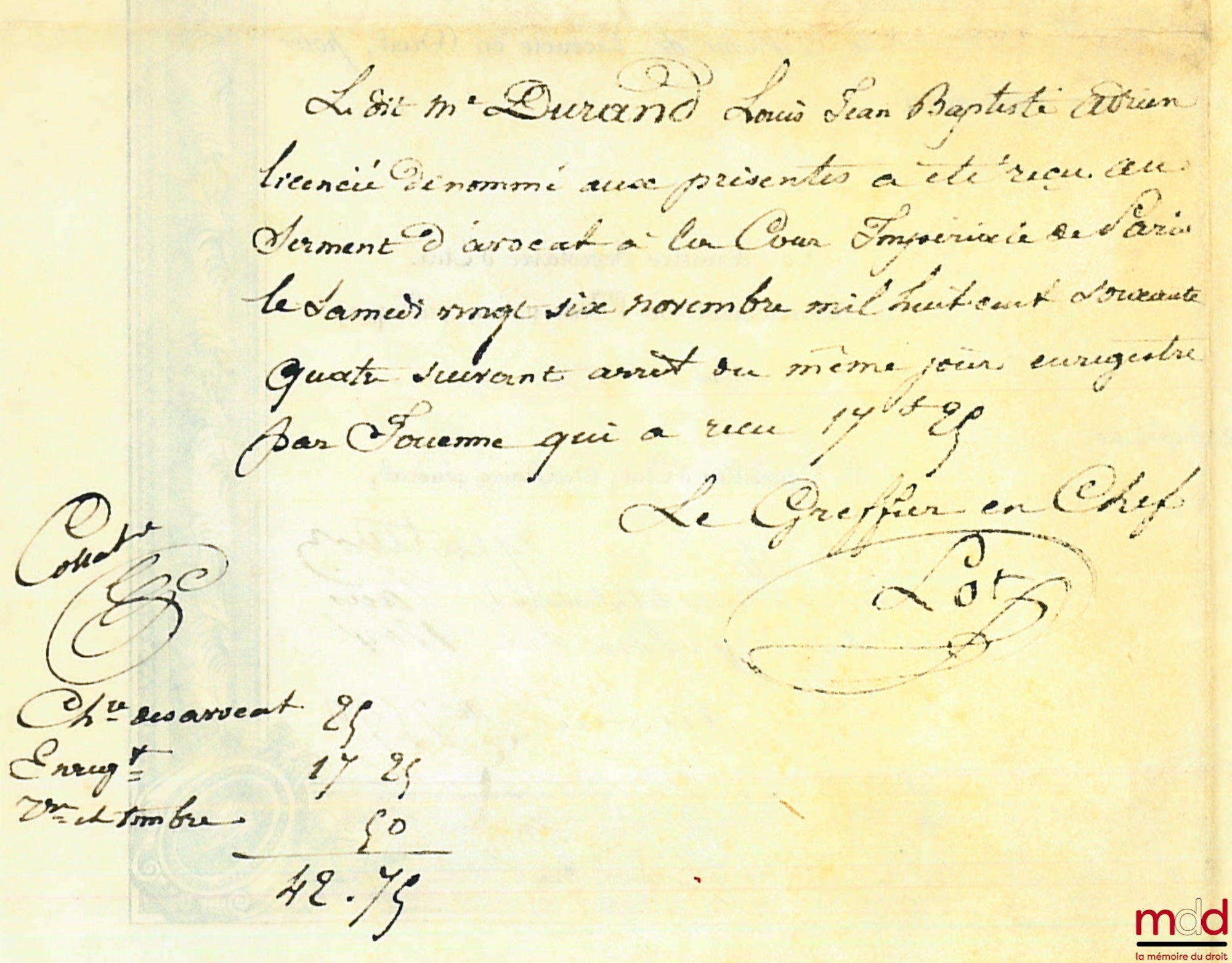 DIPLÔME DE LICENCIÉ EN DROIT. AU NOM DE L’EMPEREUR. Empire Français. Le Ministre Secrétaire d’État au département de l’Instruction publique, Vu le certificat d’aptitude au grade de Licencié en Droit accordé, le 10 Août 1864, par les professeurs de la Facu